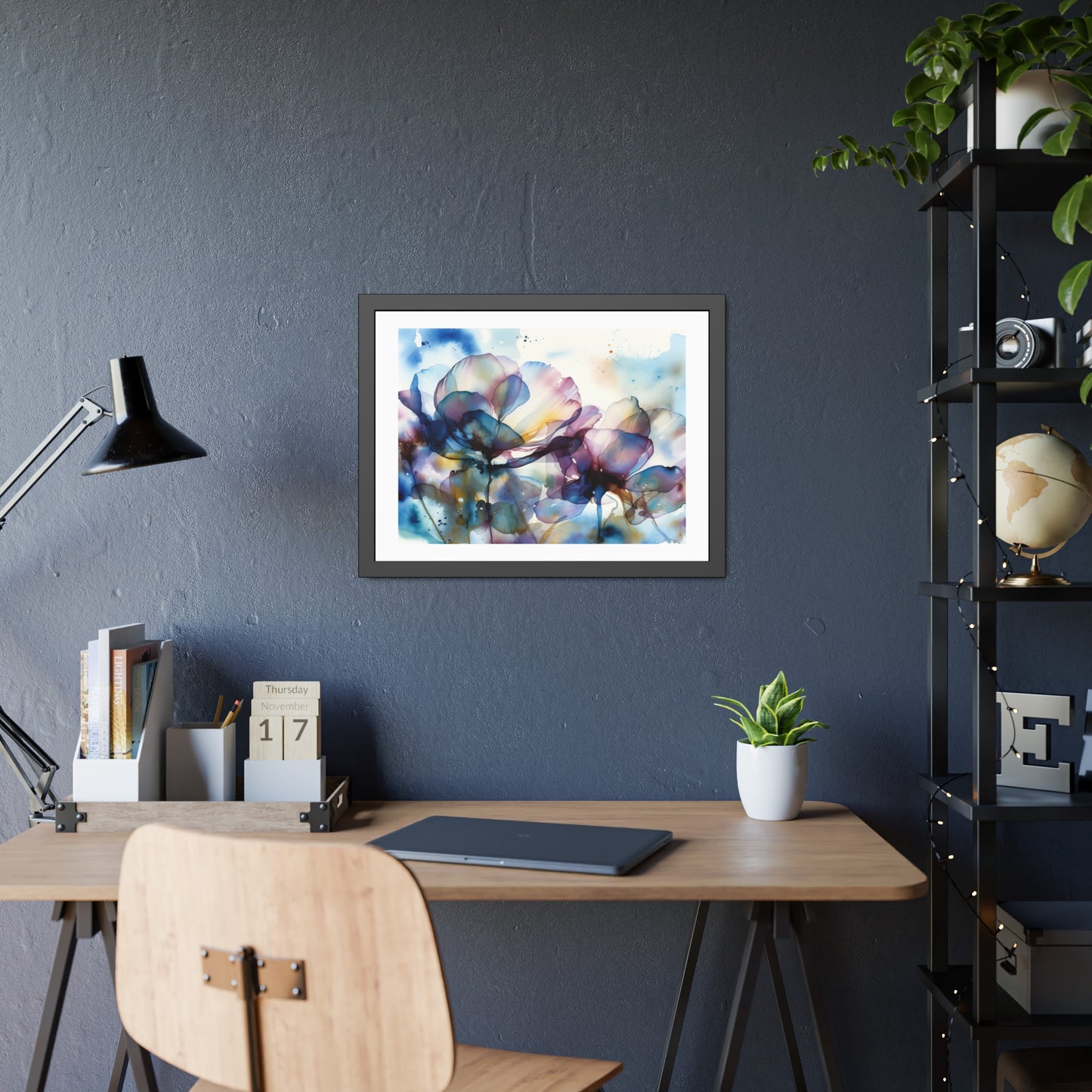 Abstract Blue Floral Framed Poster — Watercolor Flower Art Print