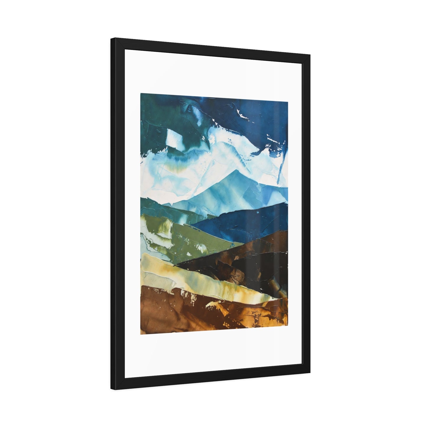 Framed Abstract Mountain Art Print – Blue & Earthtone Layered Landscape Poster