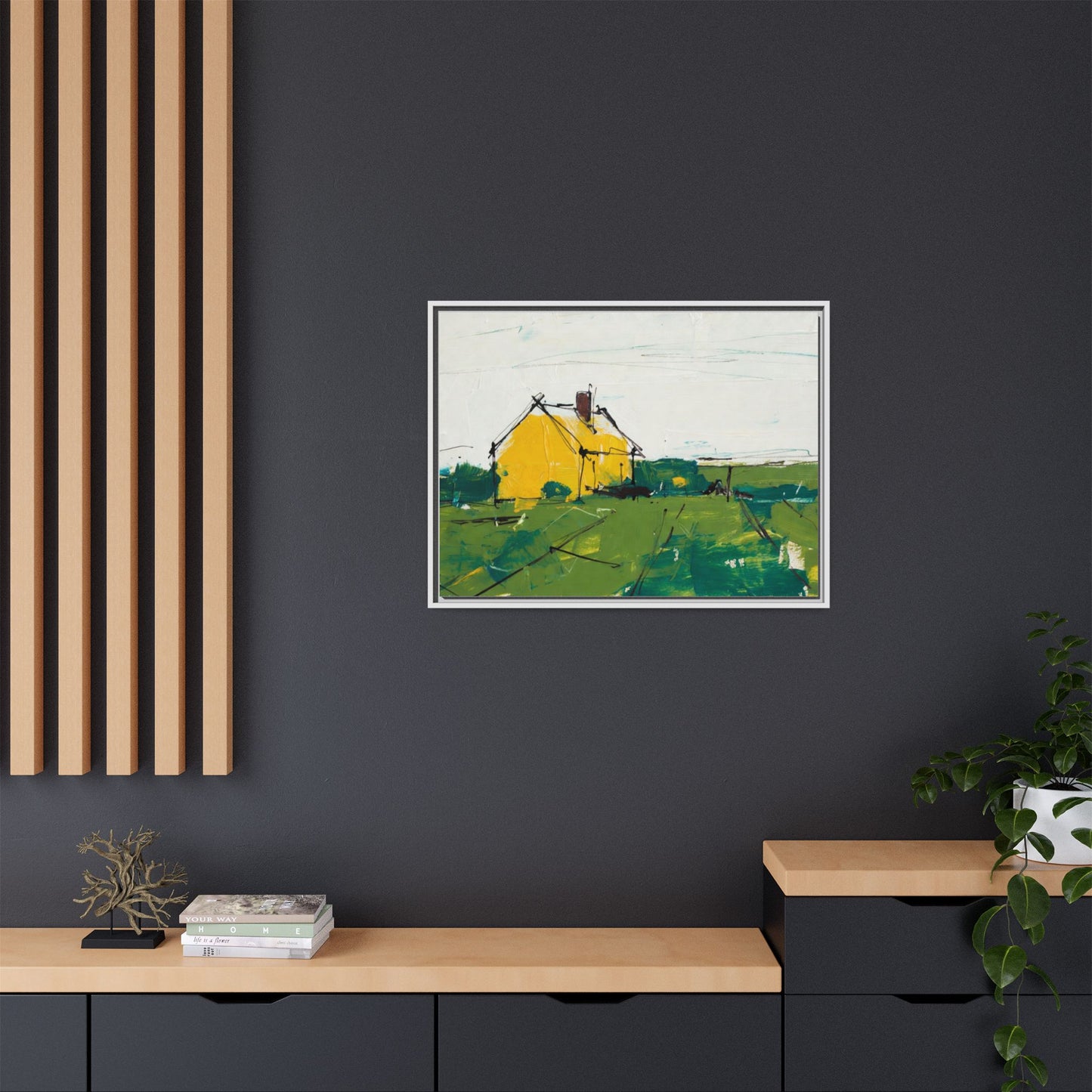 Yellow Cottage Landscape Framed Canvas Print
