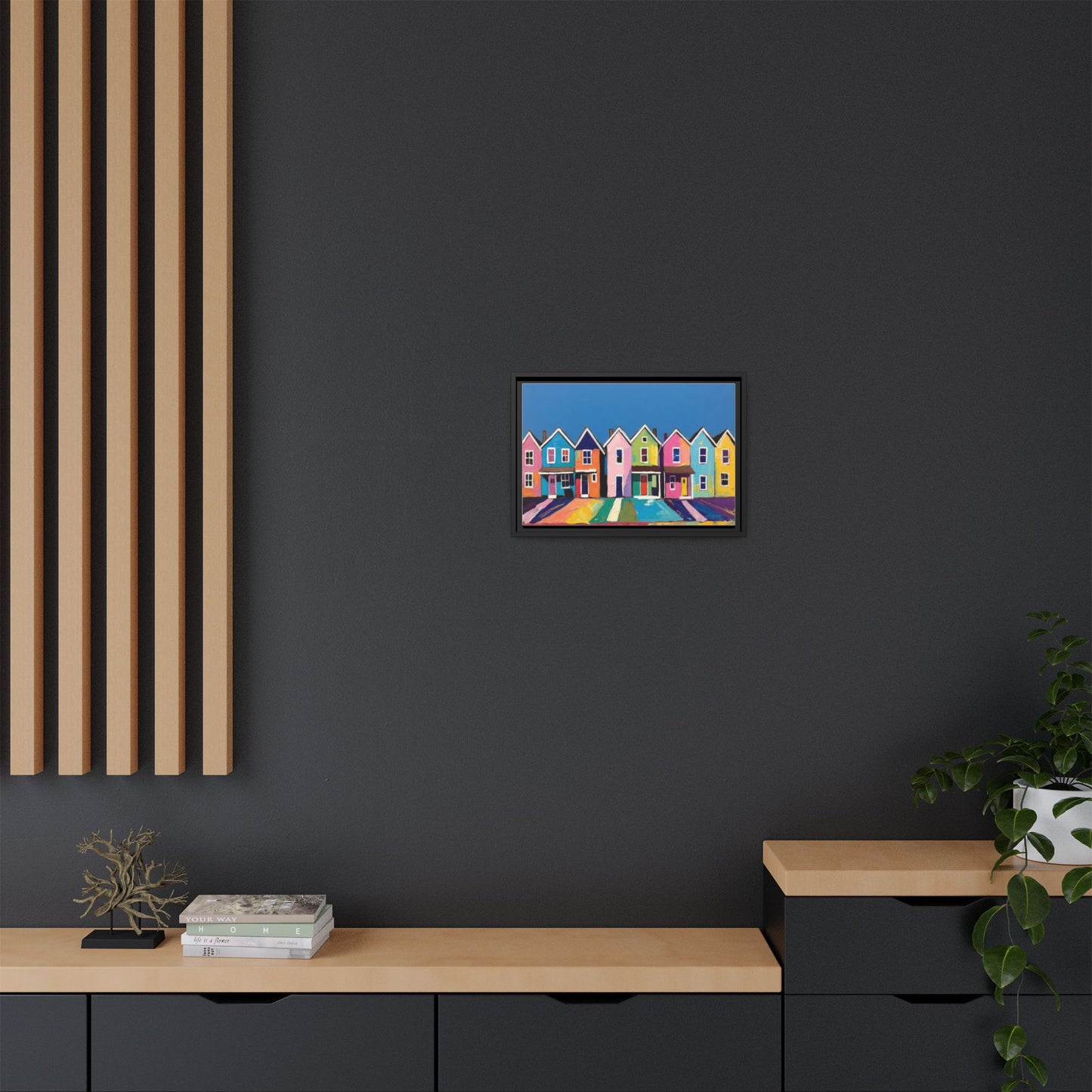 Colorful Beach Houses Matte Canvas Framed Wall Art