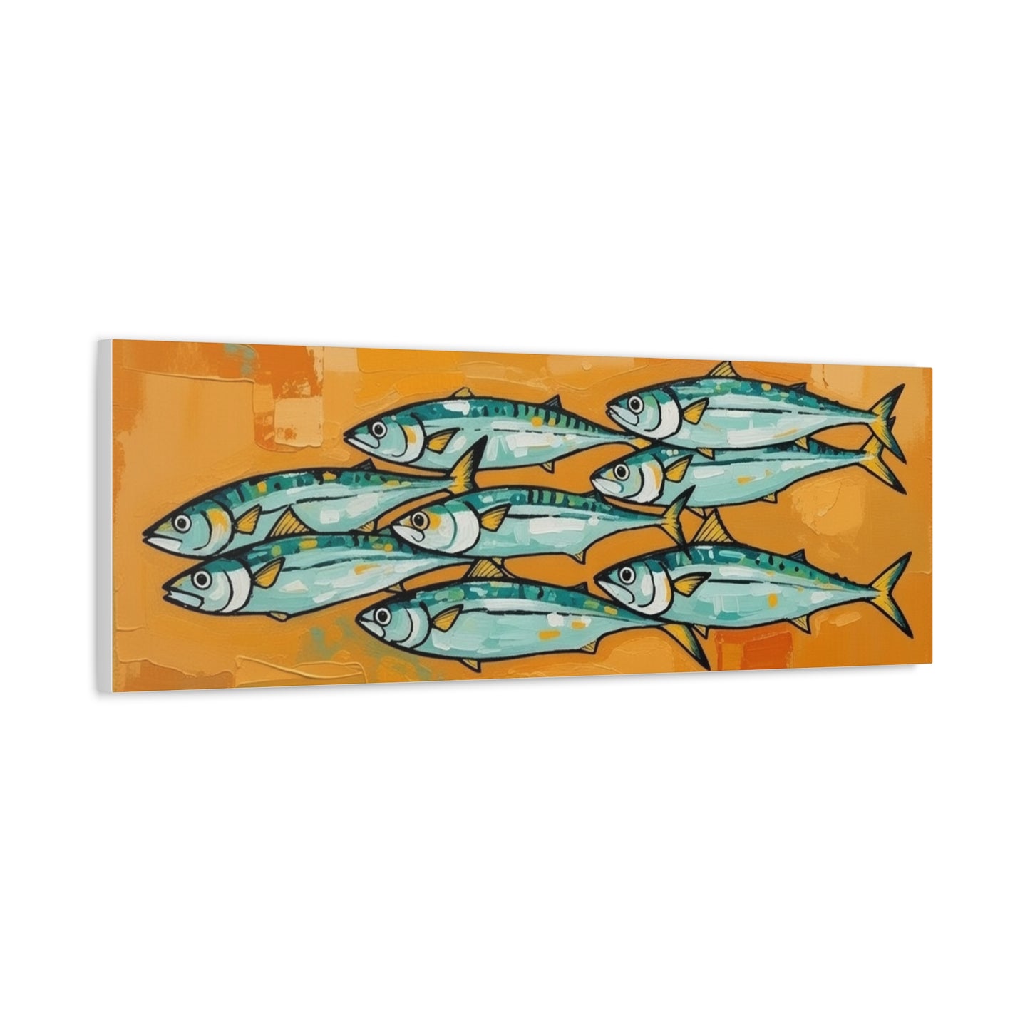 School of Mackerel Canvas Wall Art — Nautical Fish Painting on Orange Background