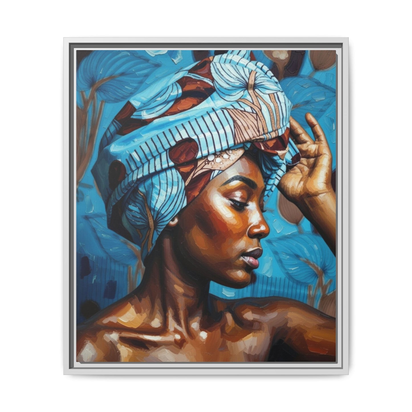 Framed Canvas Art — Portrait of Woman in Blue Headwrap