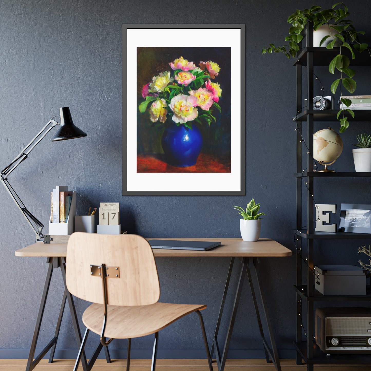 Framed Floral Poster — Pink Peonies in Blue Vase Wall Art