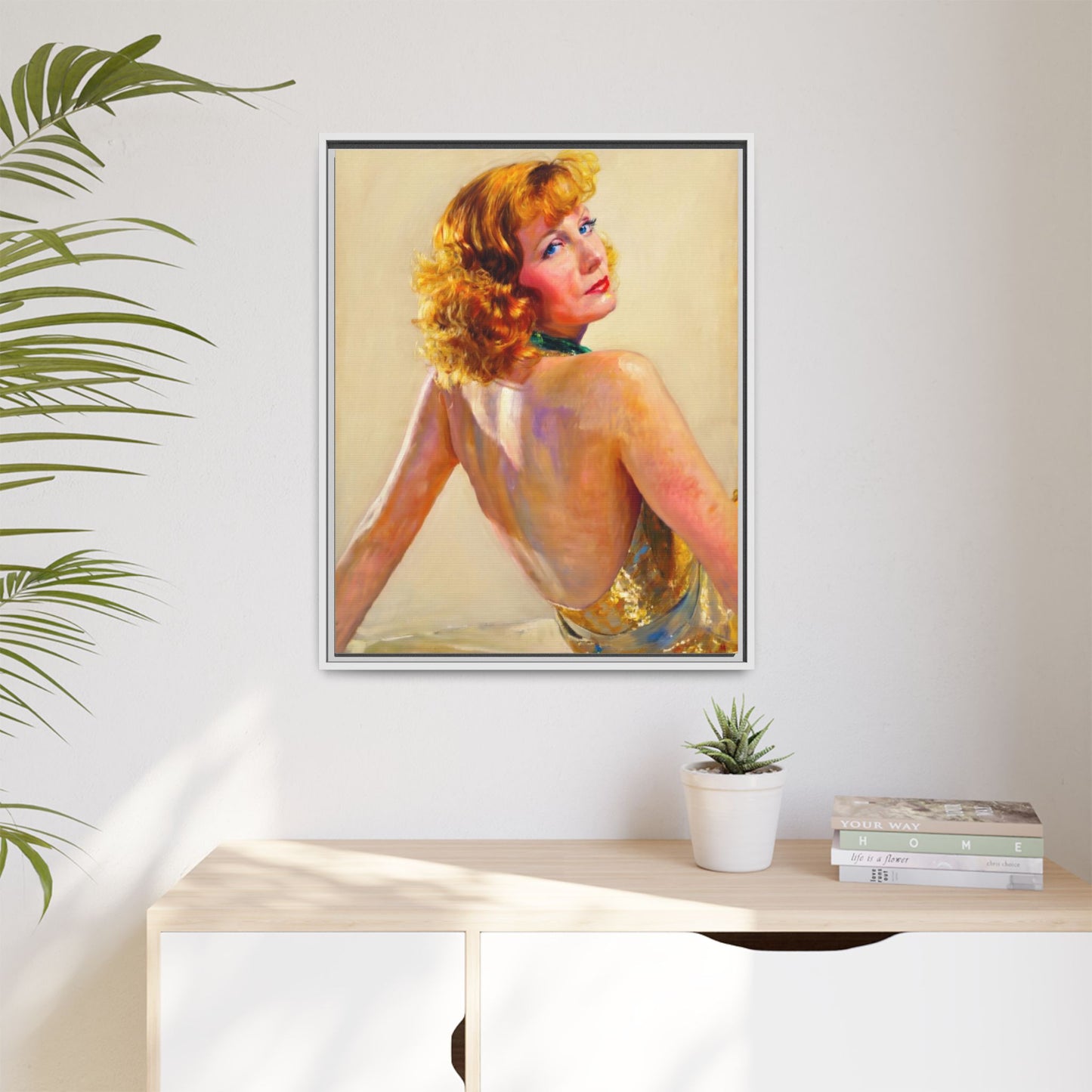 Framed Matte Canvas Print — Vintage Portrait of Redhead Greta Garbo in Gold Dress