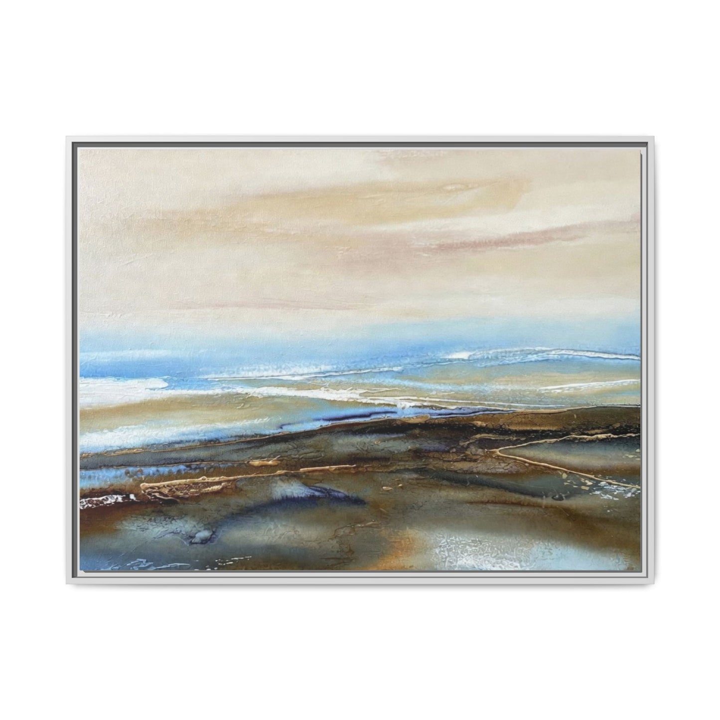 Framed Abstract Seascape Matte Canvas — Coastal Blue & Earth Tone Wall Art