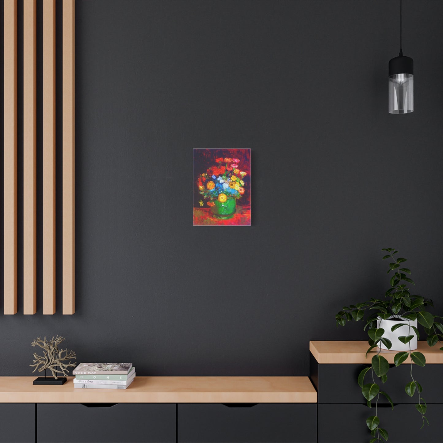 Floral Still Life Canvas Print — Vibrant Bouquet in Green Vase