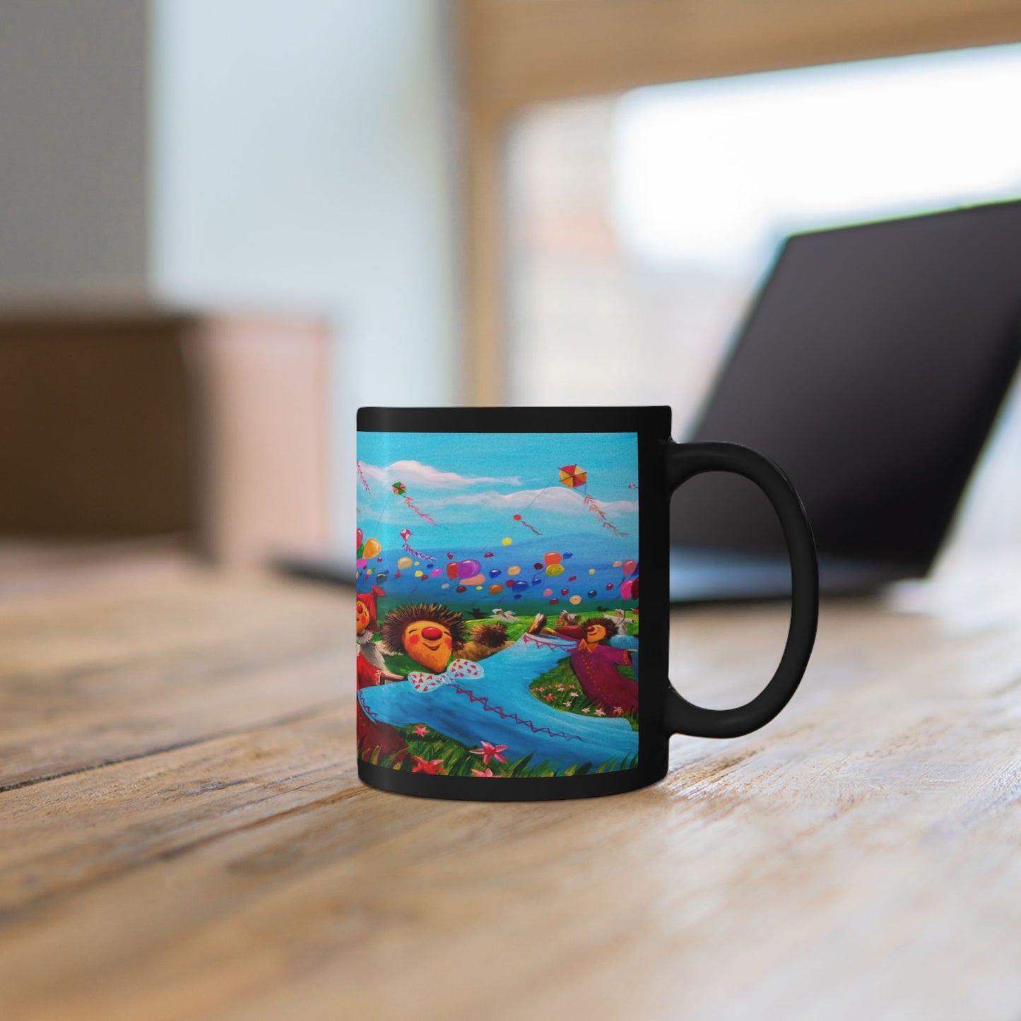 Black Ceramic Mug — Whimsical Kite Festival Art (11oz & 15oz)