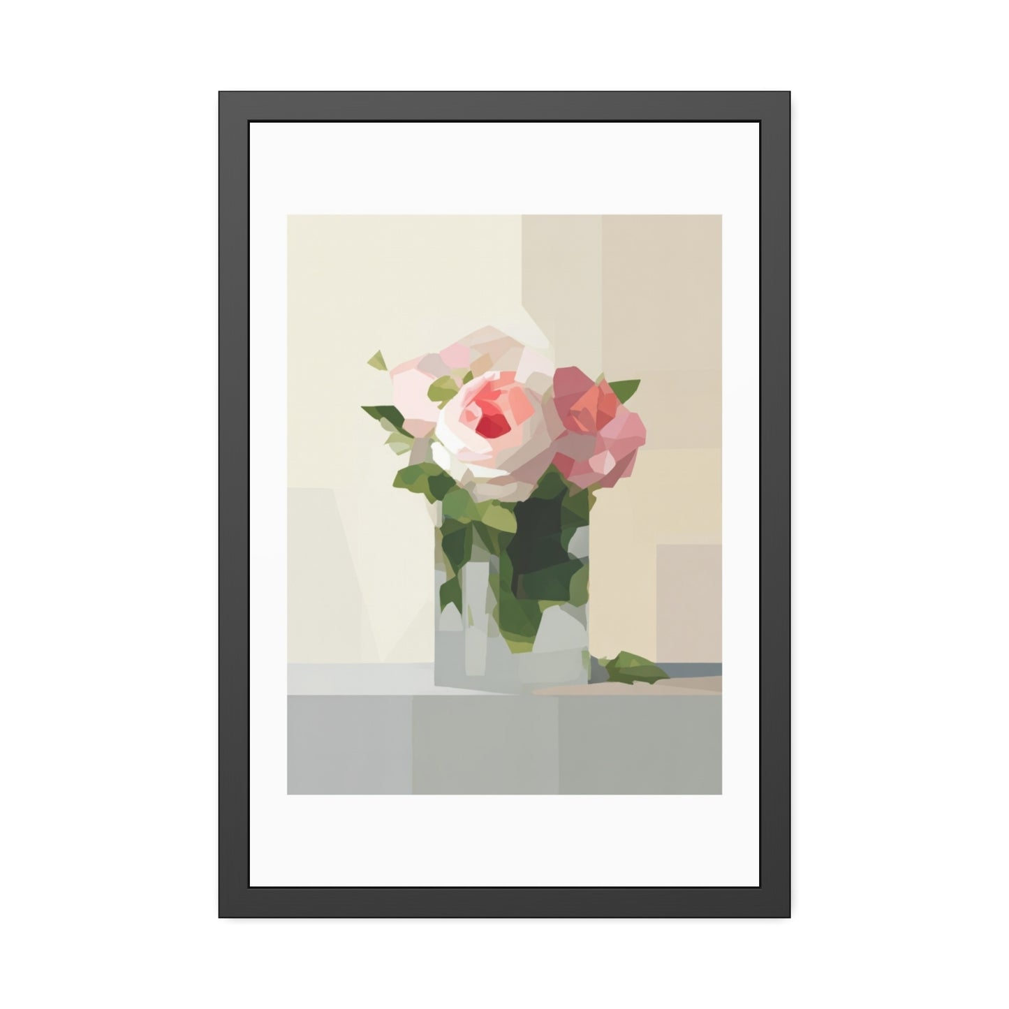 Framed Floral Poster — Geometric Pink Rose Wall Art