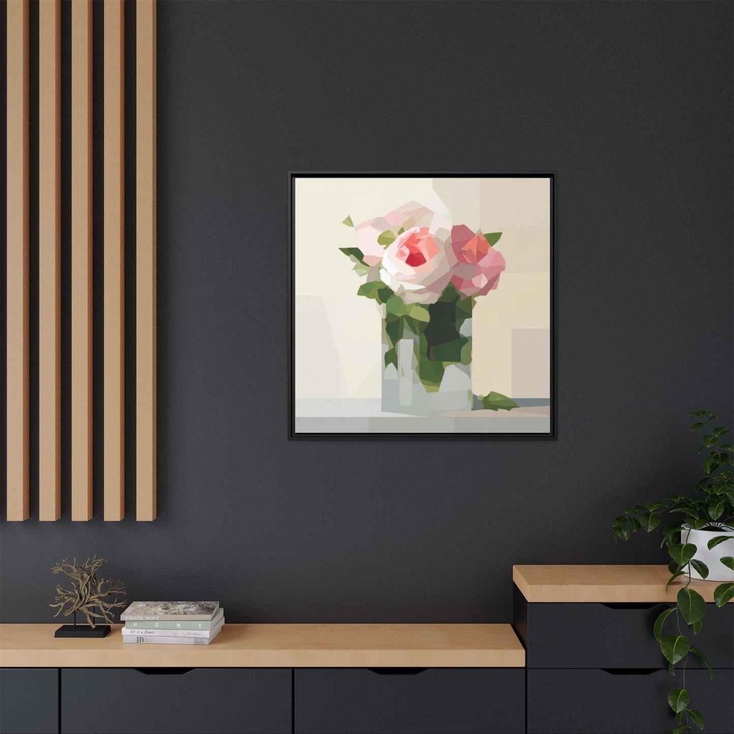Framed Floral Canvas Print — Geometric Pink Rose Wall Art