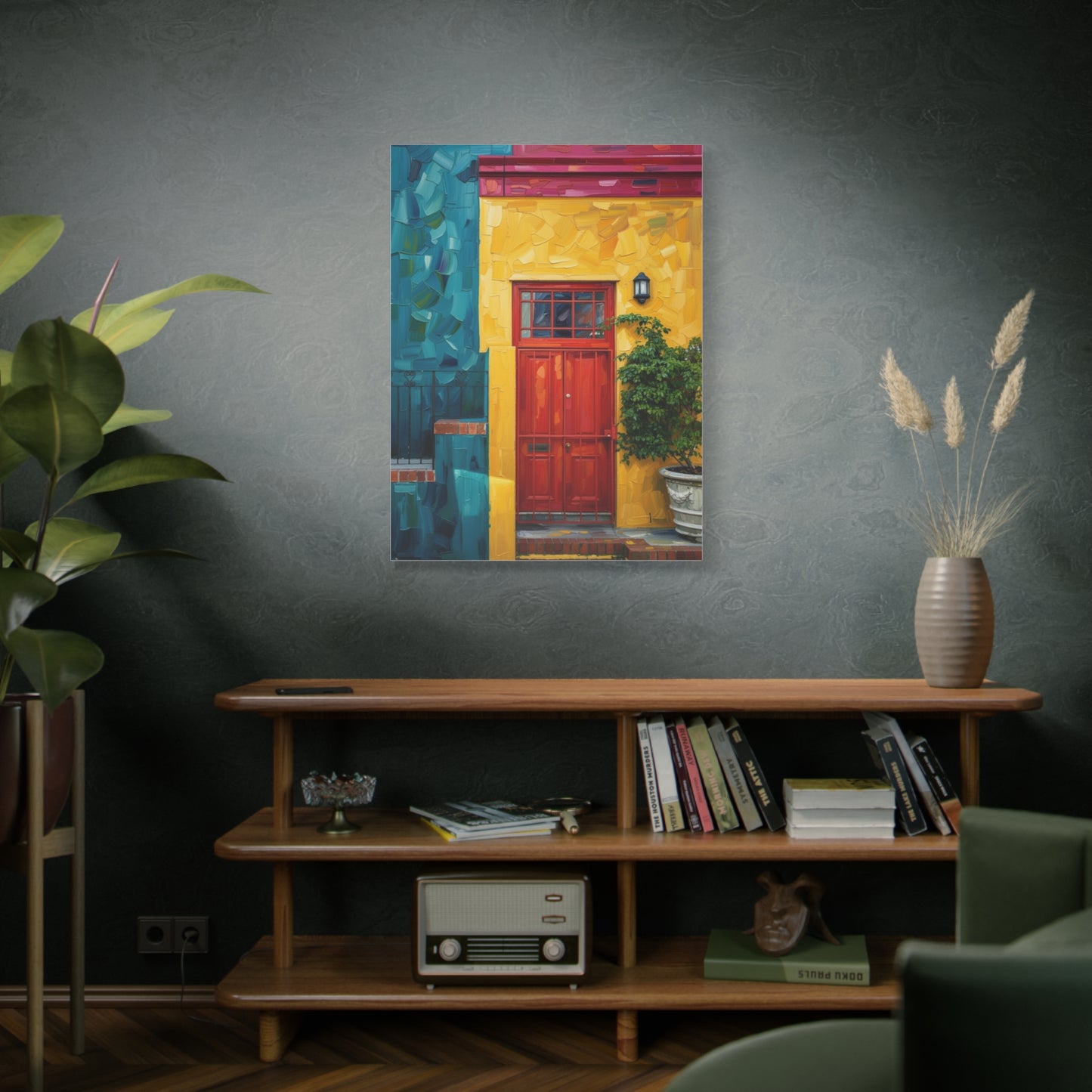 Colorful Doorway Canvas Wall Art — Vibrant Yellow & Teal Street Scene, Matte Stretched Print