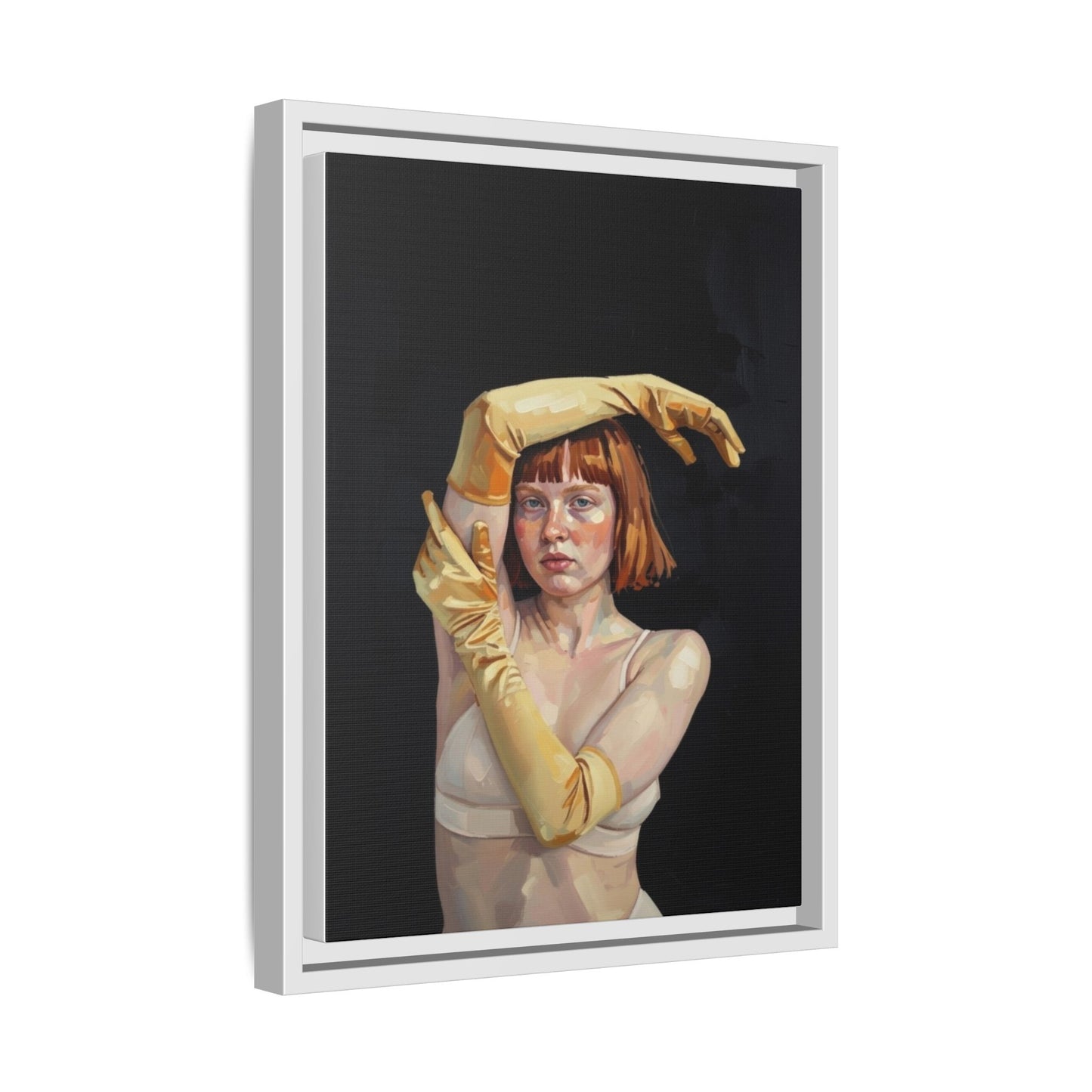 Framed Matte Canvas Art – Portrait of Woman in Yellow Gloves