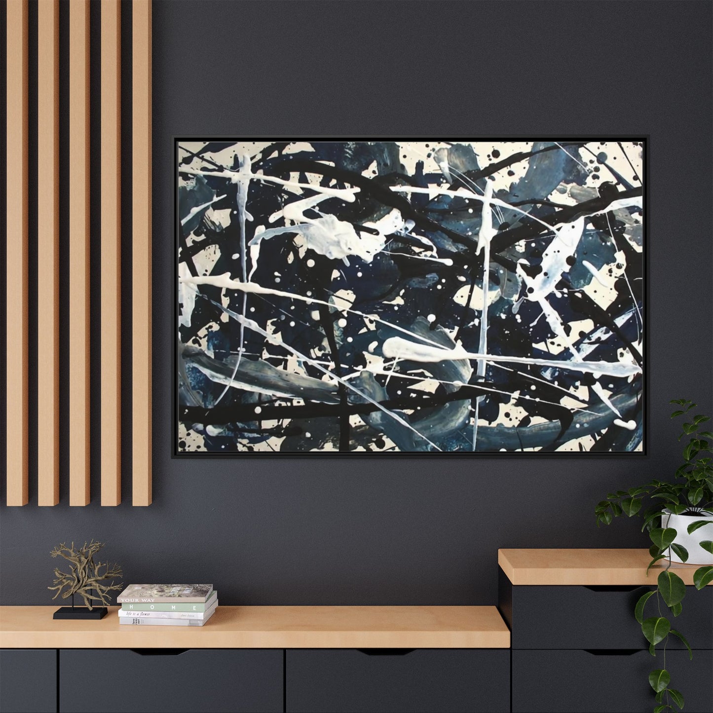 Abstract Splatter Matte Canvas Framed Wall Art — Black & Blue Modern Art Print