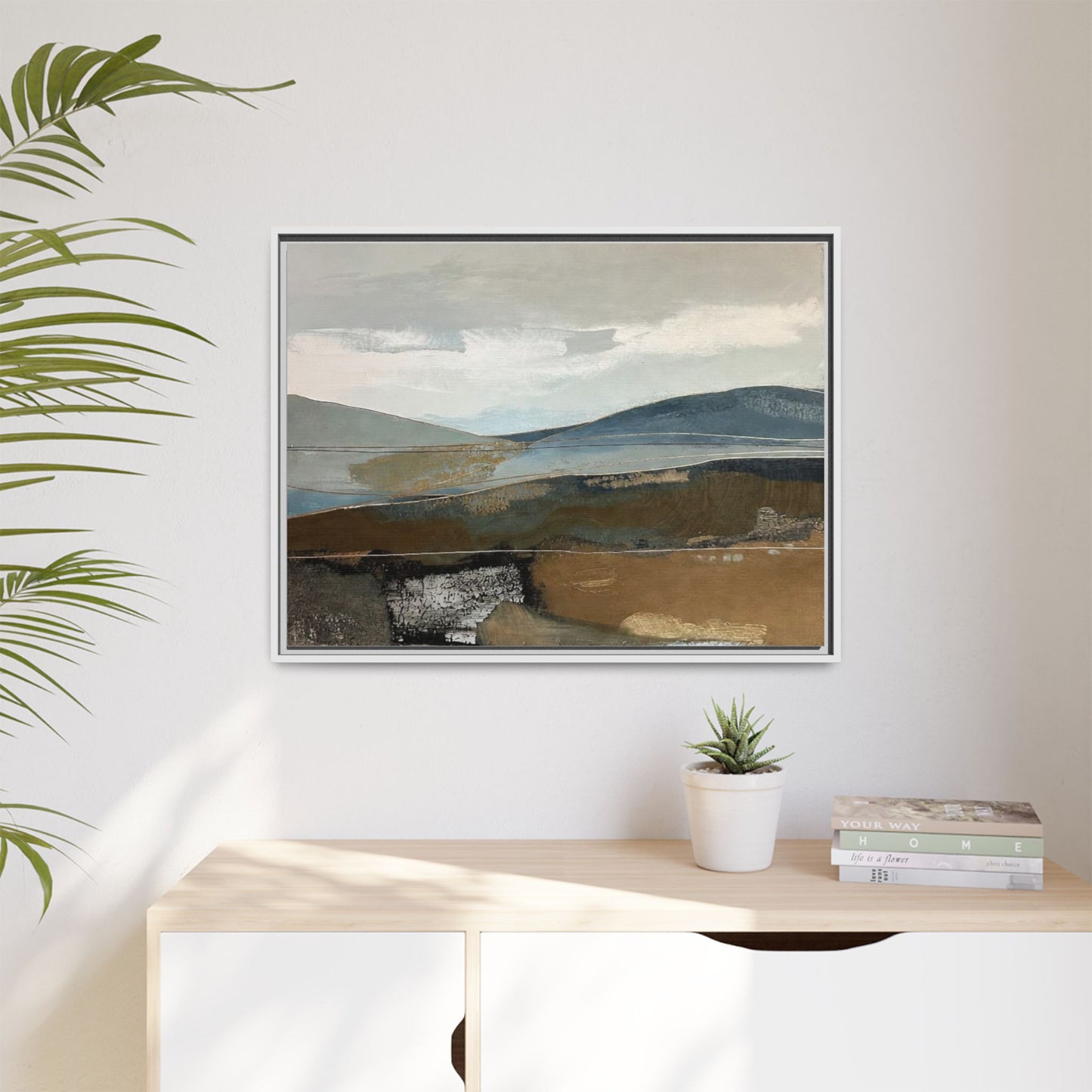 Framed Matte Canvas Landscape Art - Serene Abstract Hills in Blue & Earth Tones