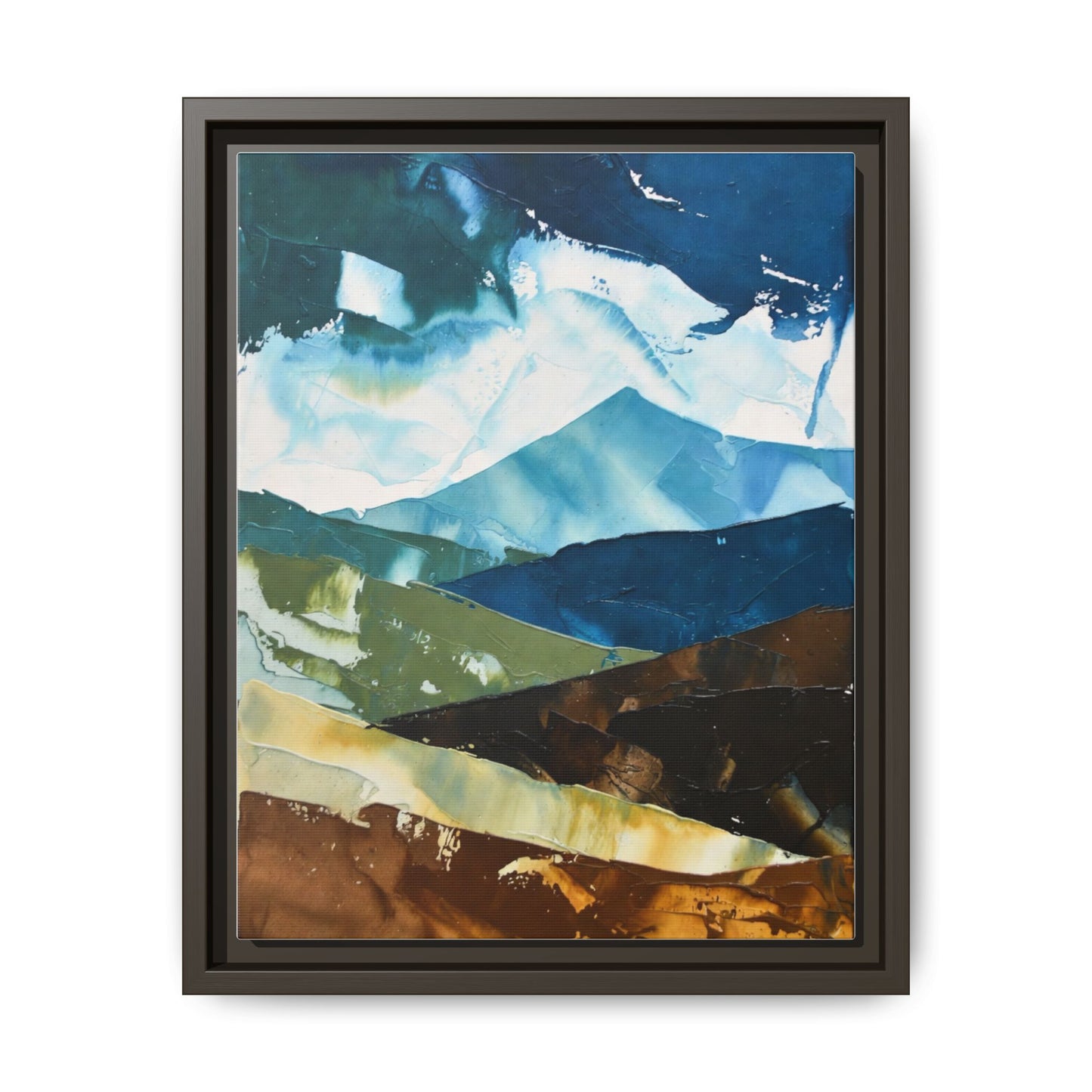 Framed Abstract Mountain Canvas Art — Blue & Earthtone Landscape Print