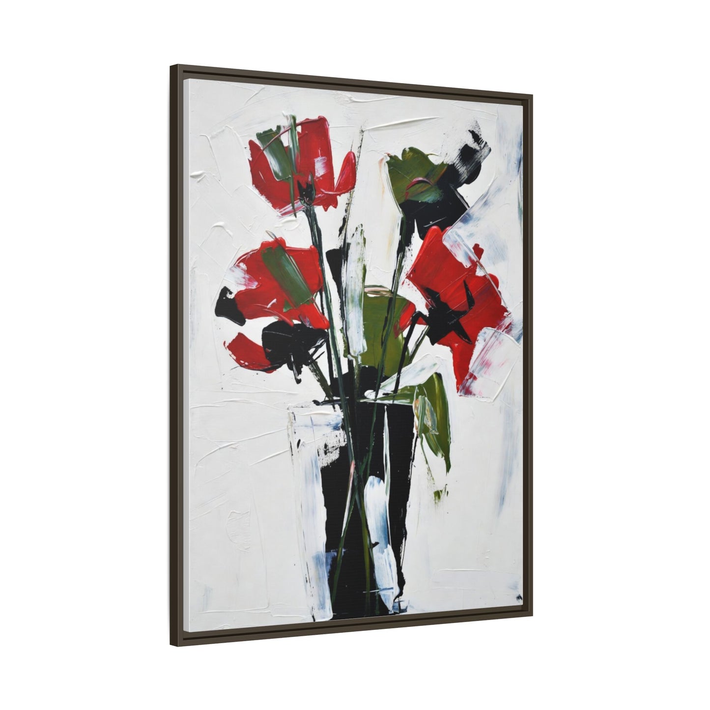 Framed Abstract Floral Canvas Print — Red Poppies in Black Vase