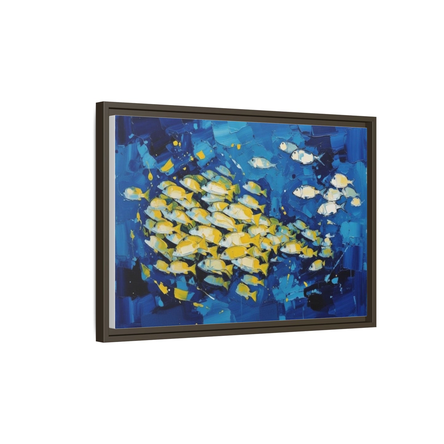 Framed Matte Canvas: Blue School of Fish Wall Art
