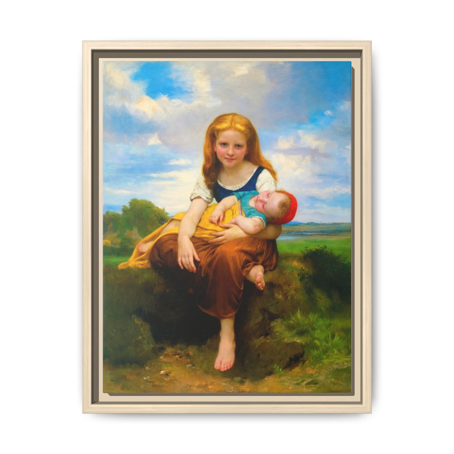 Young Girl Holding Sleeping Baby Canvas Print, Framed Wall Art