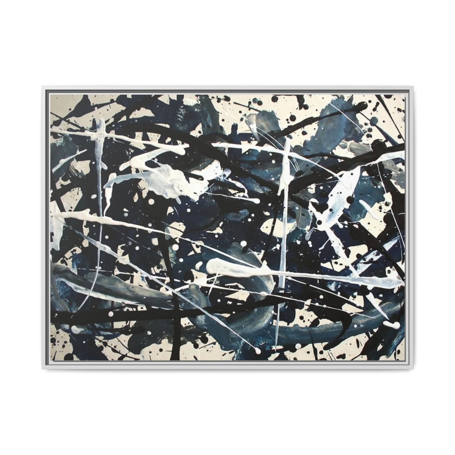 Abstract Splatter Matte Canvas Framed Wall Art — Black & Blue Modern Art Print
