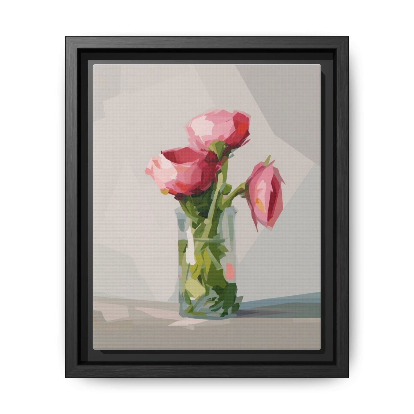 Framed Canvas Art — Pink Roses in Vase, Modern Floral Wall Print