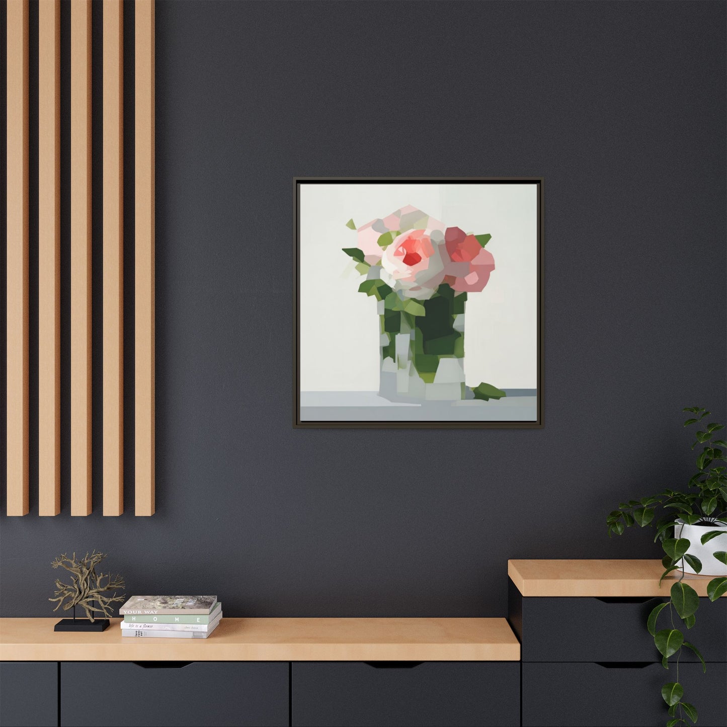 Framed Floral Canvas Print — Modern Pink Roses Still Life