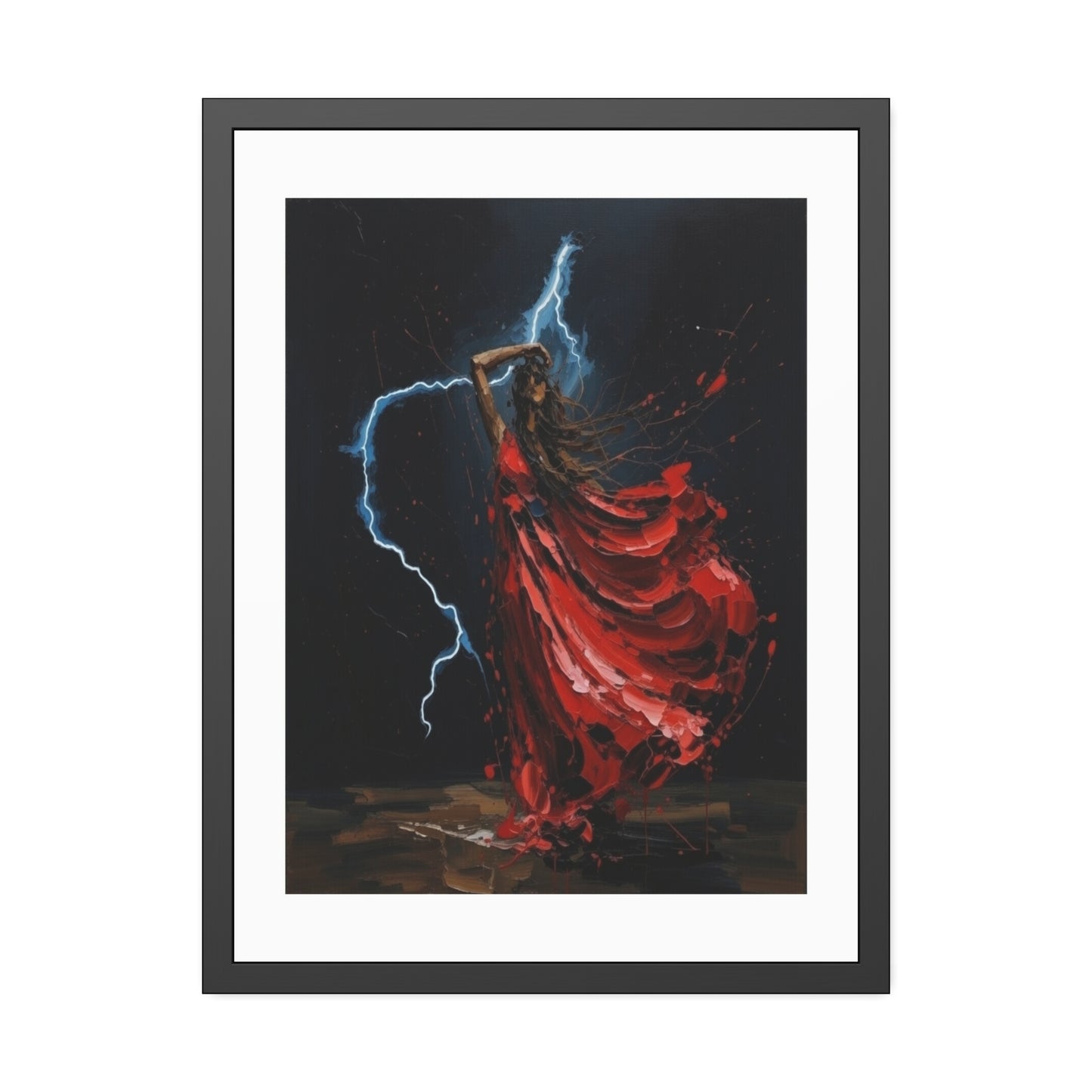 Framed Poster — Red-Dressed Dancer with Lightning Art Print