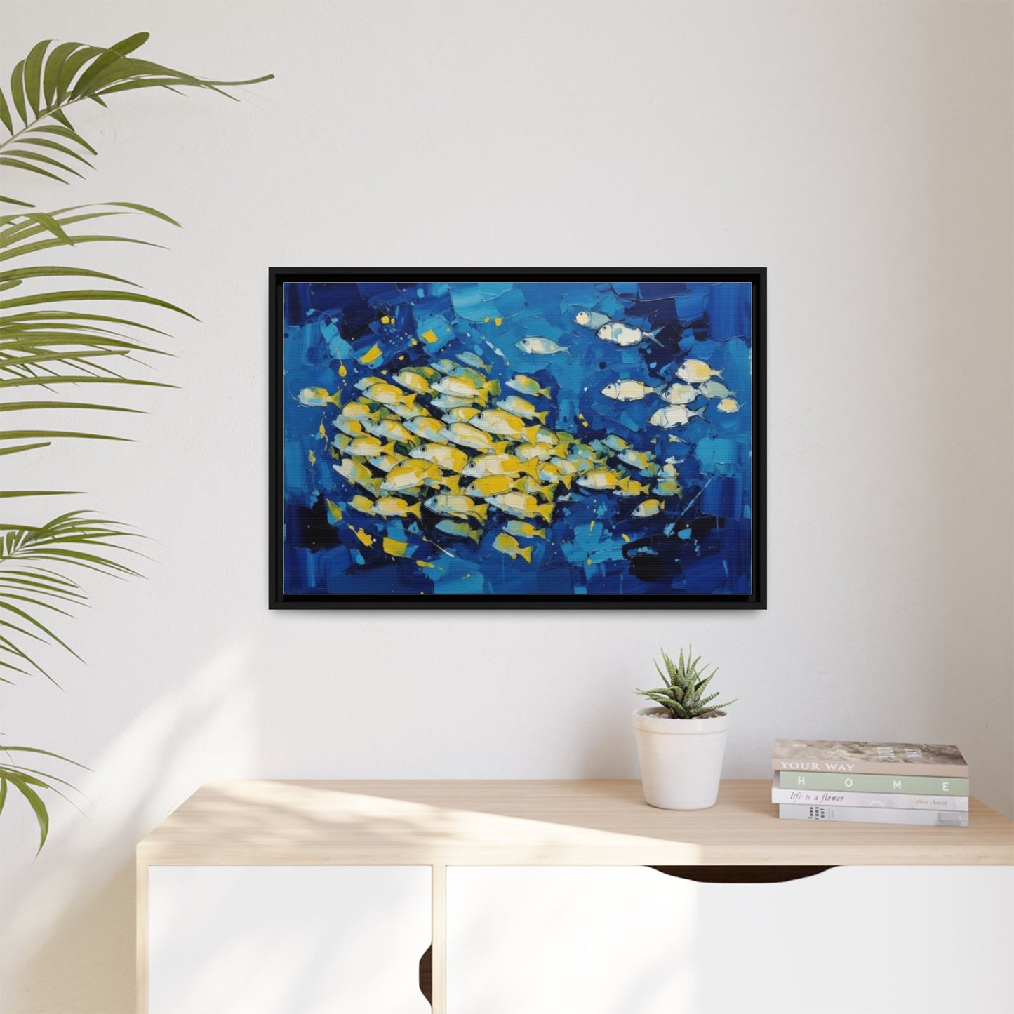 Framed Matte Canvas: Blue School of Fish Wall Art