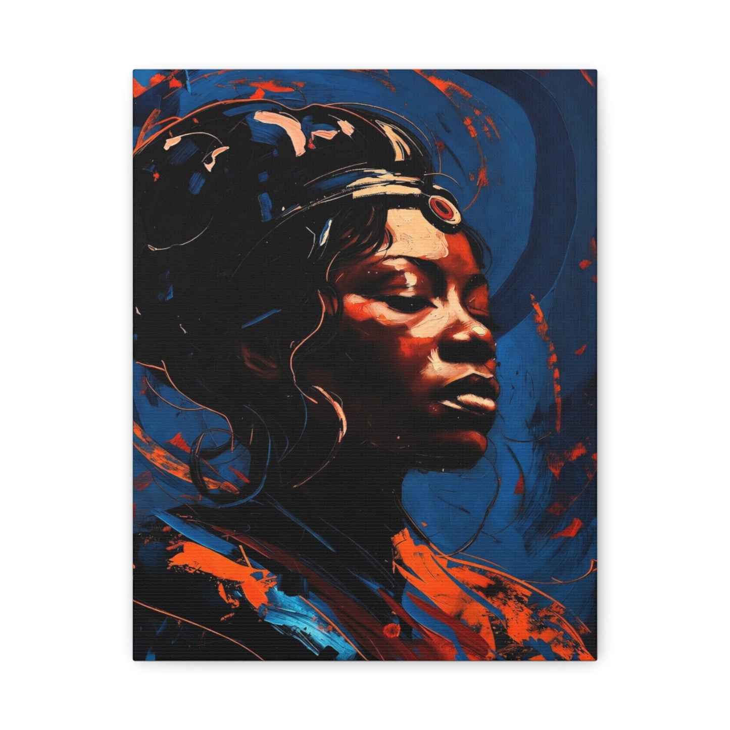 Regal Afrocentric Portrait Matte Canvas Art – Vibrant Blue & Orange Stretched Wall Decor