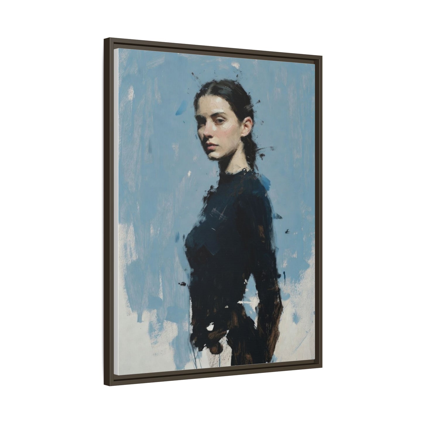 Framed Matte Canvas Portrait Print — Elegant Blue Woman Art
