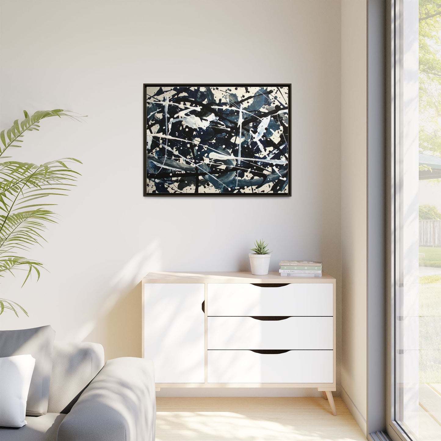 Abstract Splatter Matte Canvas Framed Wall Art — Black & Blue Modern Art Print