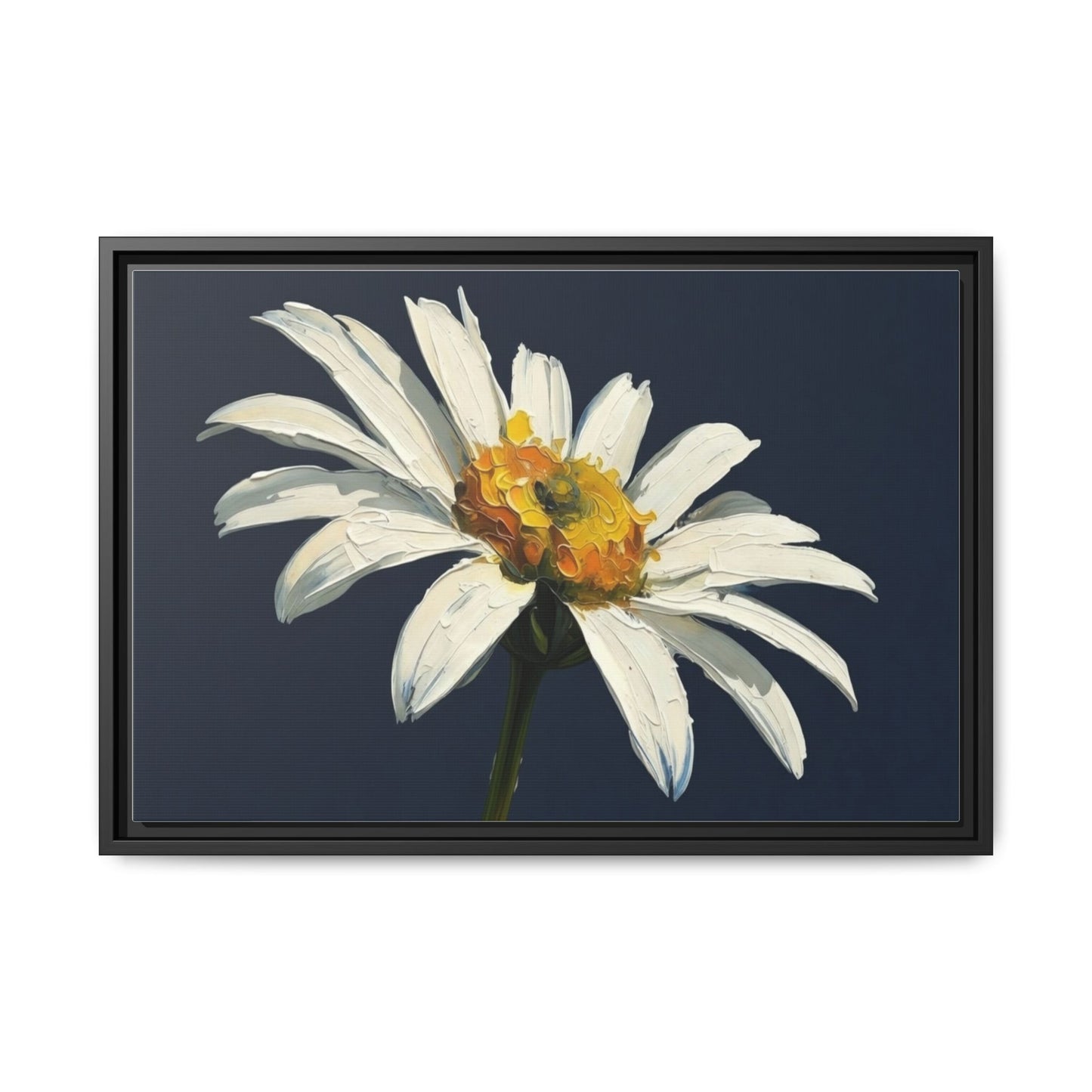 Framed Matte Canvas Daisy Wall Art — White Floral Painting on Navy