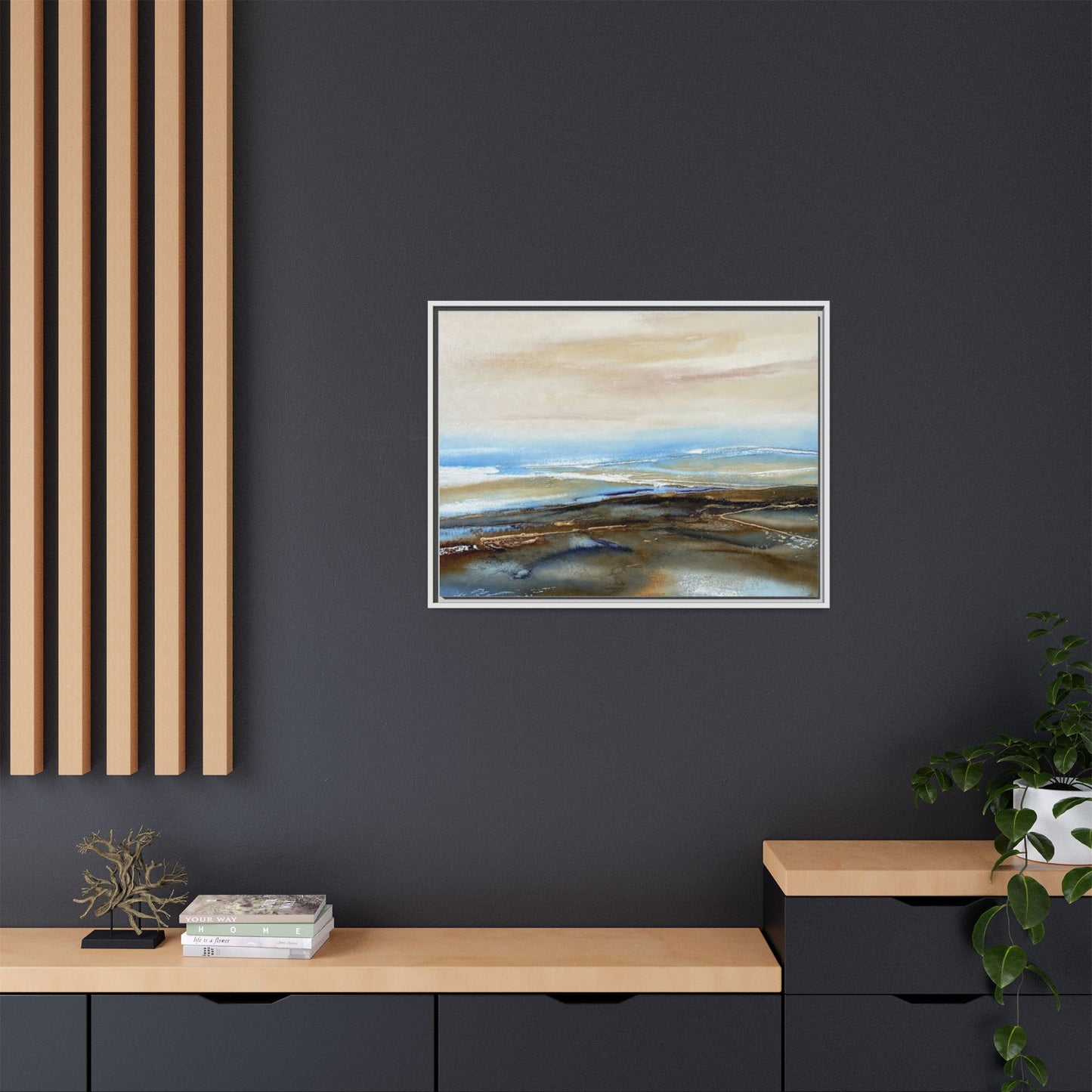 Framed Abstract Seascape Matte Canvas — Coastal Blue & Earth Tone Wall Art