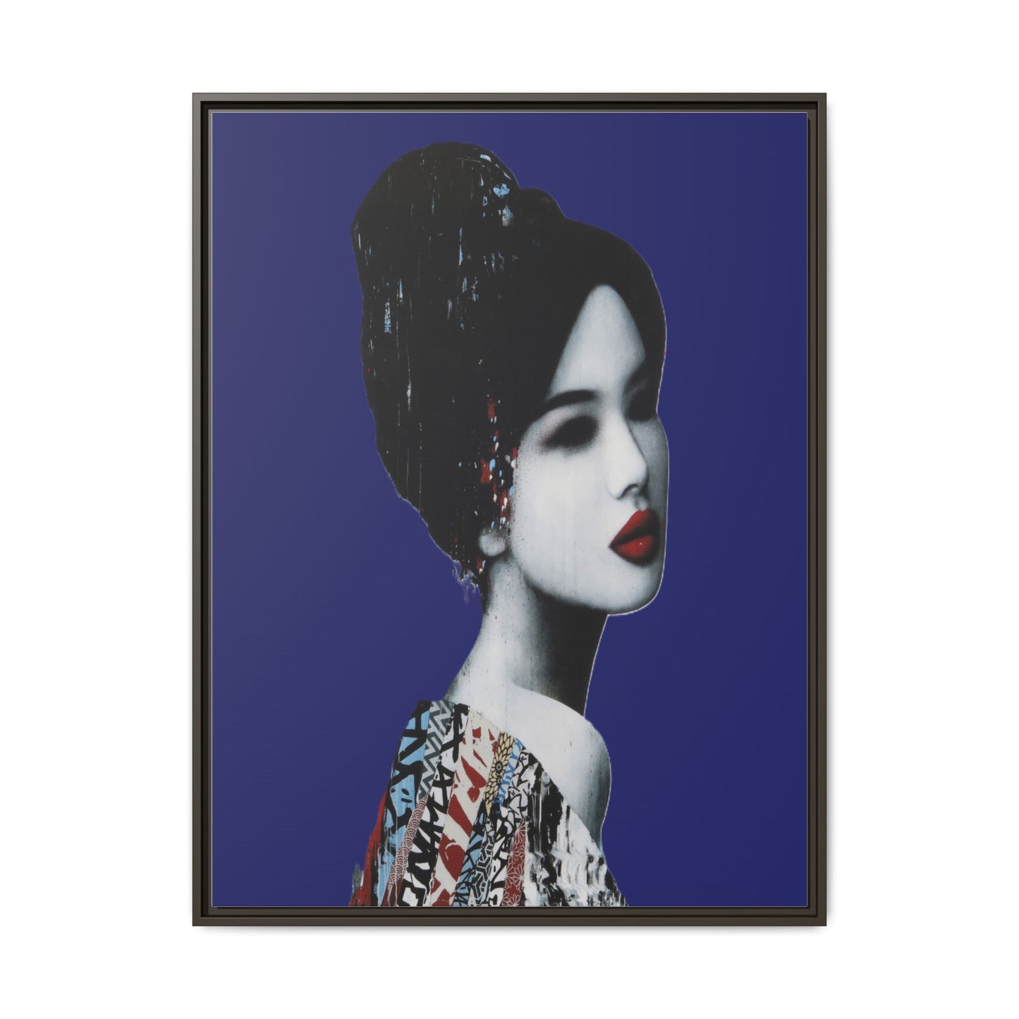 Framed Matte Canvas Art — Elegant Geisha Portrait on Deep Blue