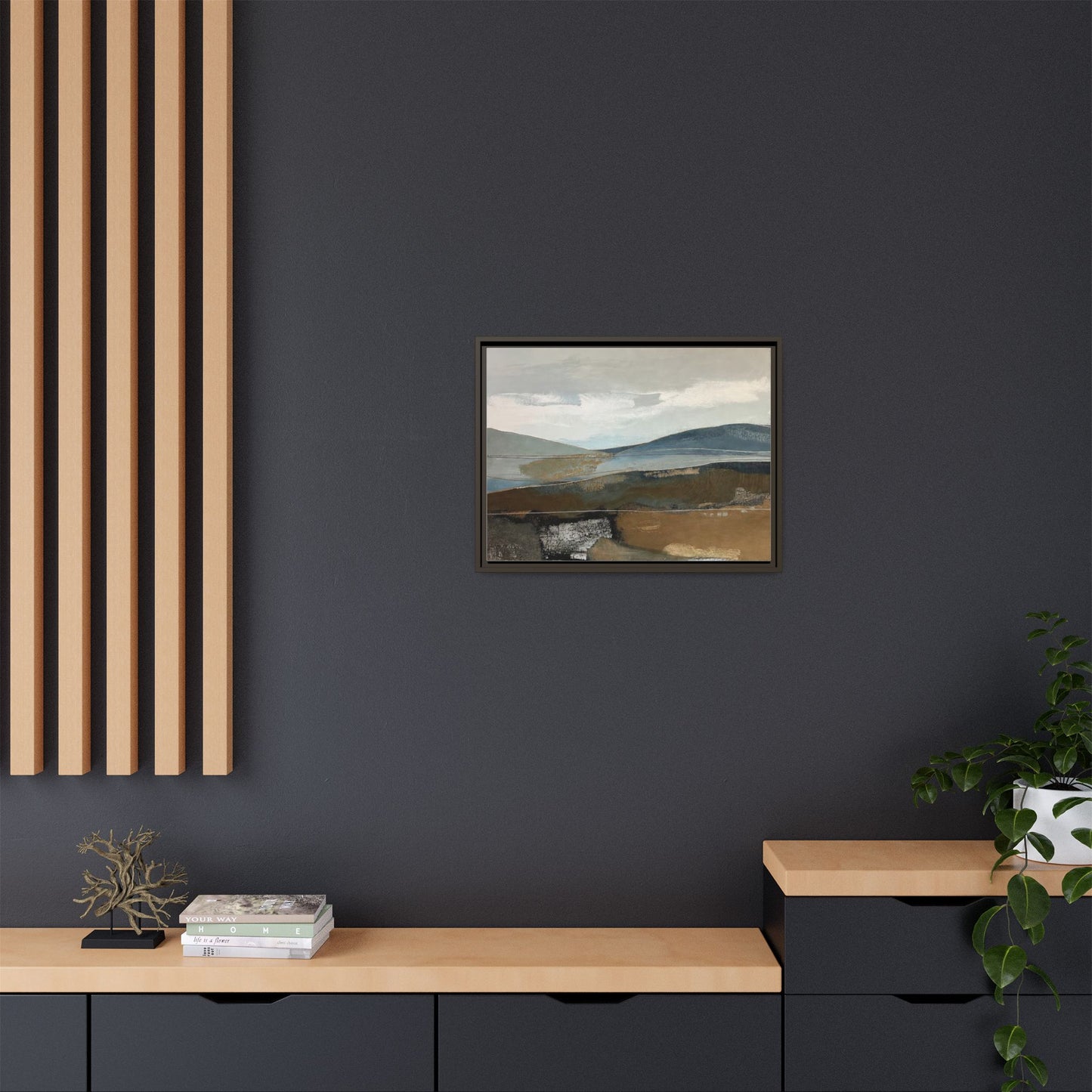 Framed Matte Canvas Landscape Art - Serene Abstract Hills in Blue & Earth Tones