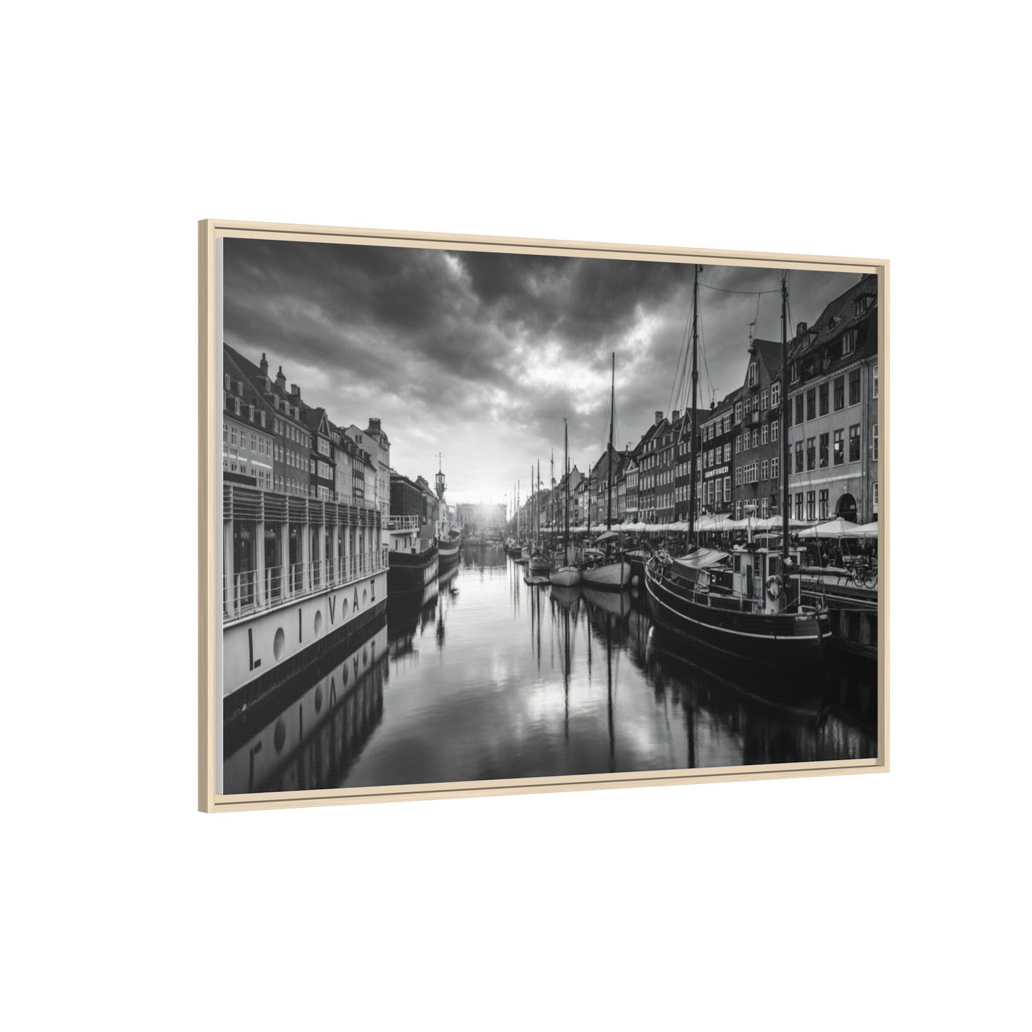 Framed Matte Canvas: Black & White Dutch Canal Photography Wall Art