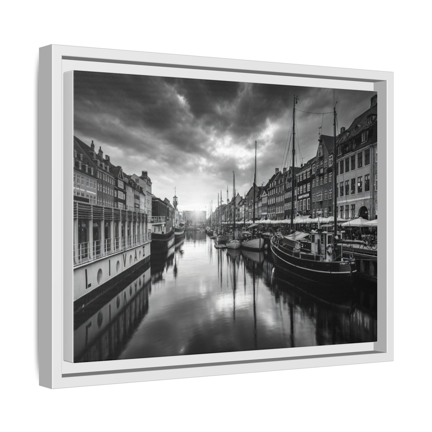 Framed Matte Canvas: Black & White Dutch Canal Photography Wall Art