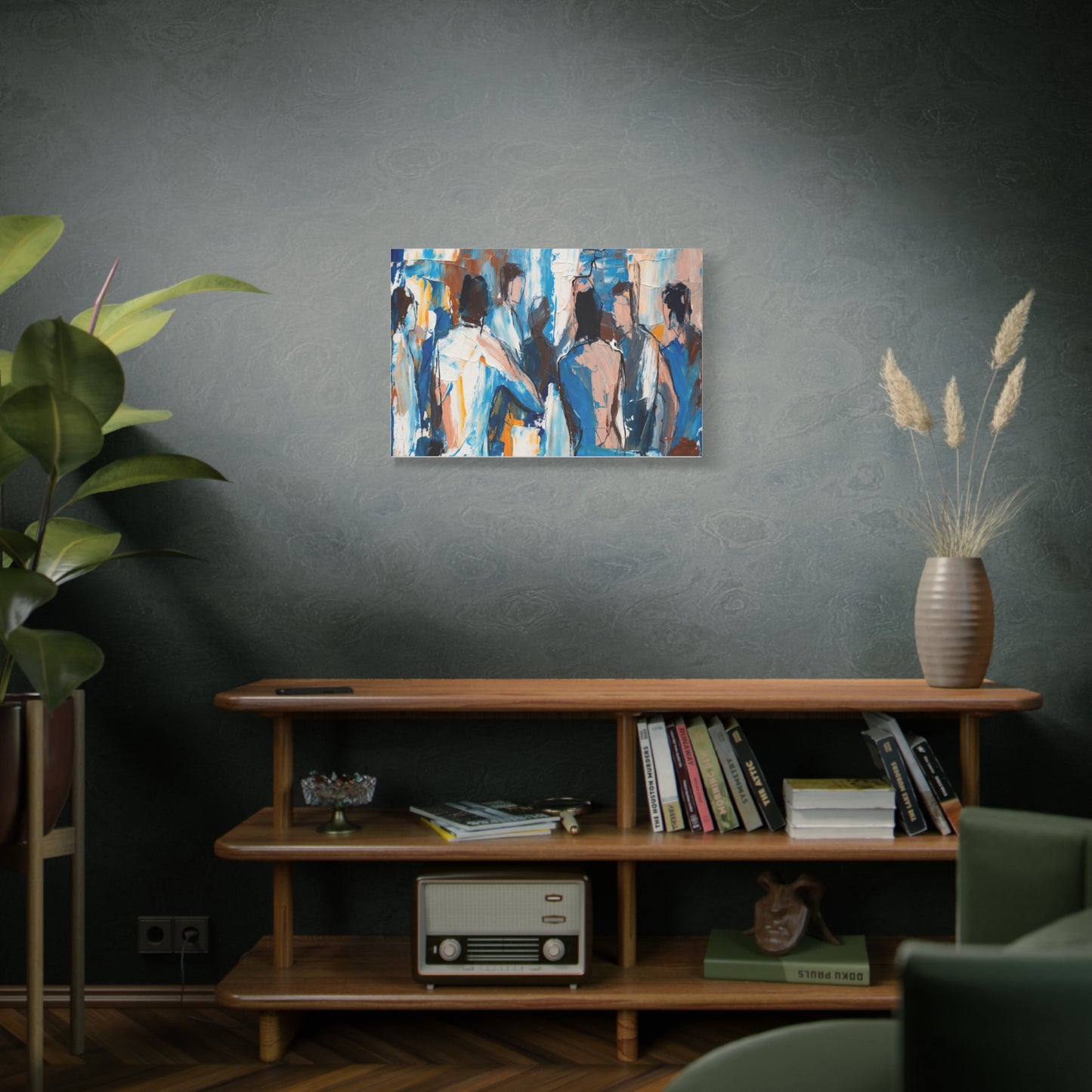 Abstract Figurative Canvas Art — Blue Social Scene Matte Stretched Canvas
