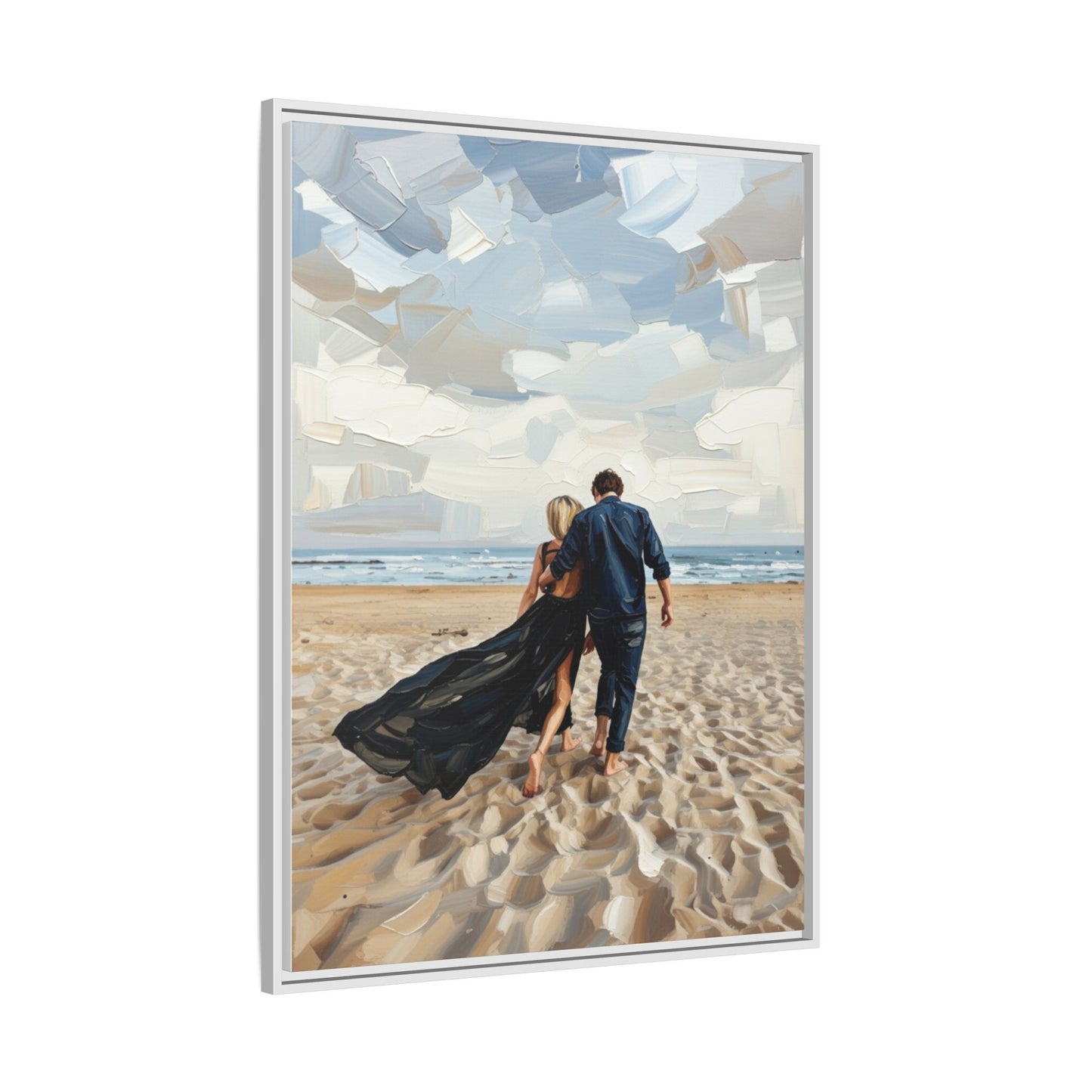 Framed Canvas Wall Art — Romantic Couple Walking on Beach Print