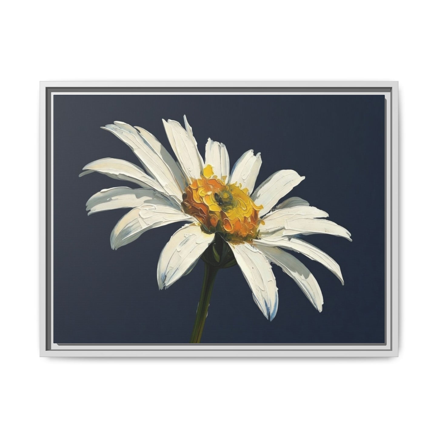 Framed Matte Canvas Daisy Wall Art — White Floral Painting on Navy