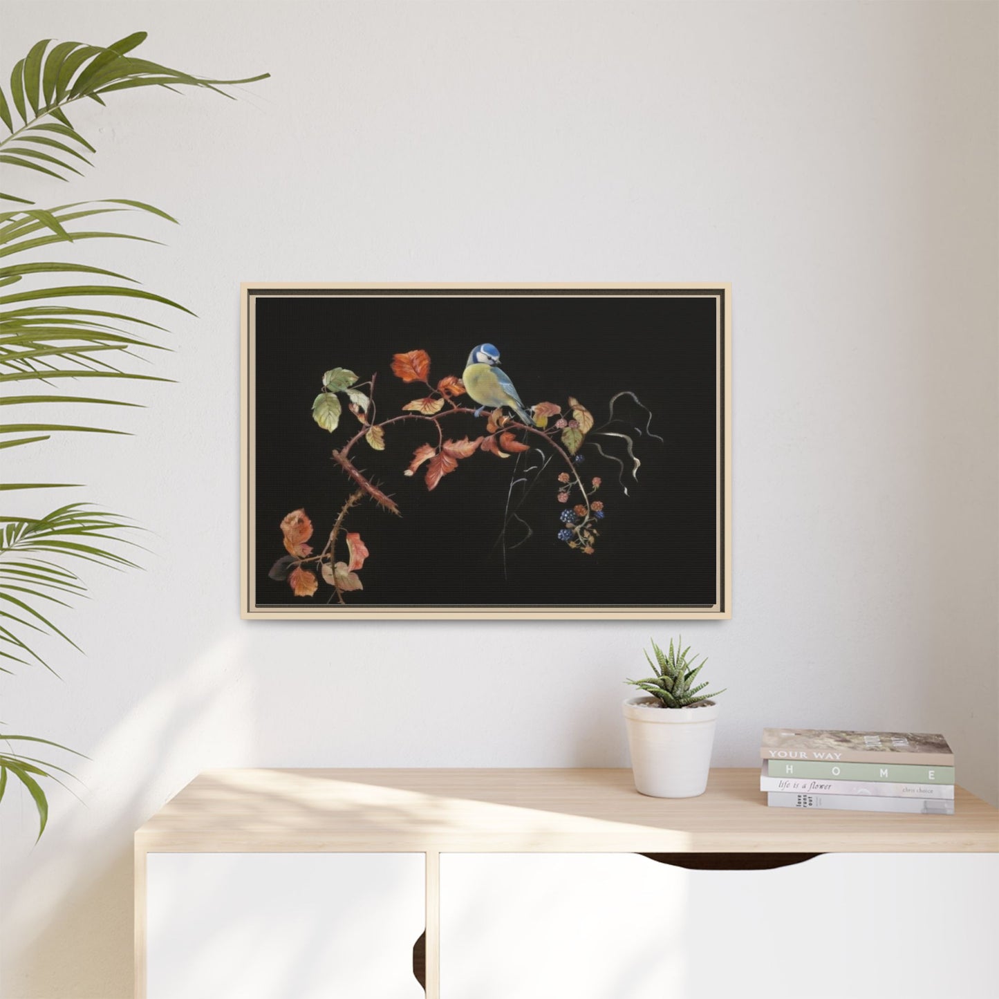 Framed Matte Canvas - Blue Tit on Autumn Branch Wall Art