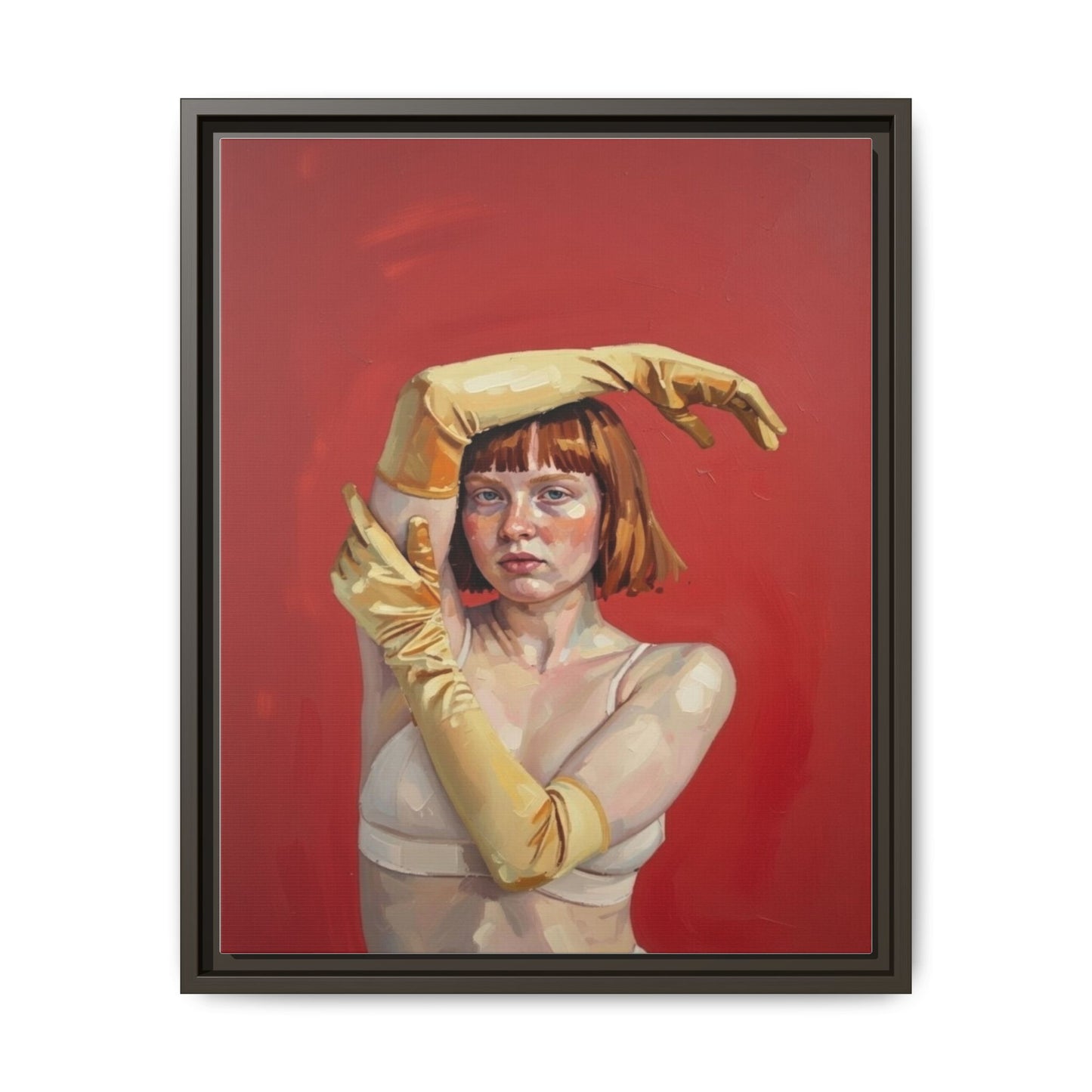 Framed Matte Canvas Art - Portrait of Woman in Yellow Gloves (Red Background)
