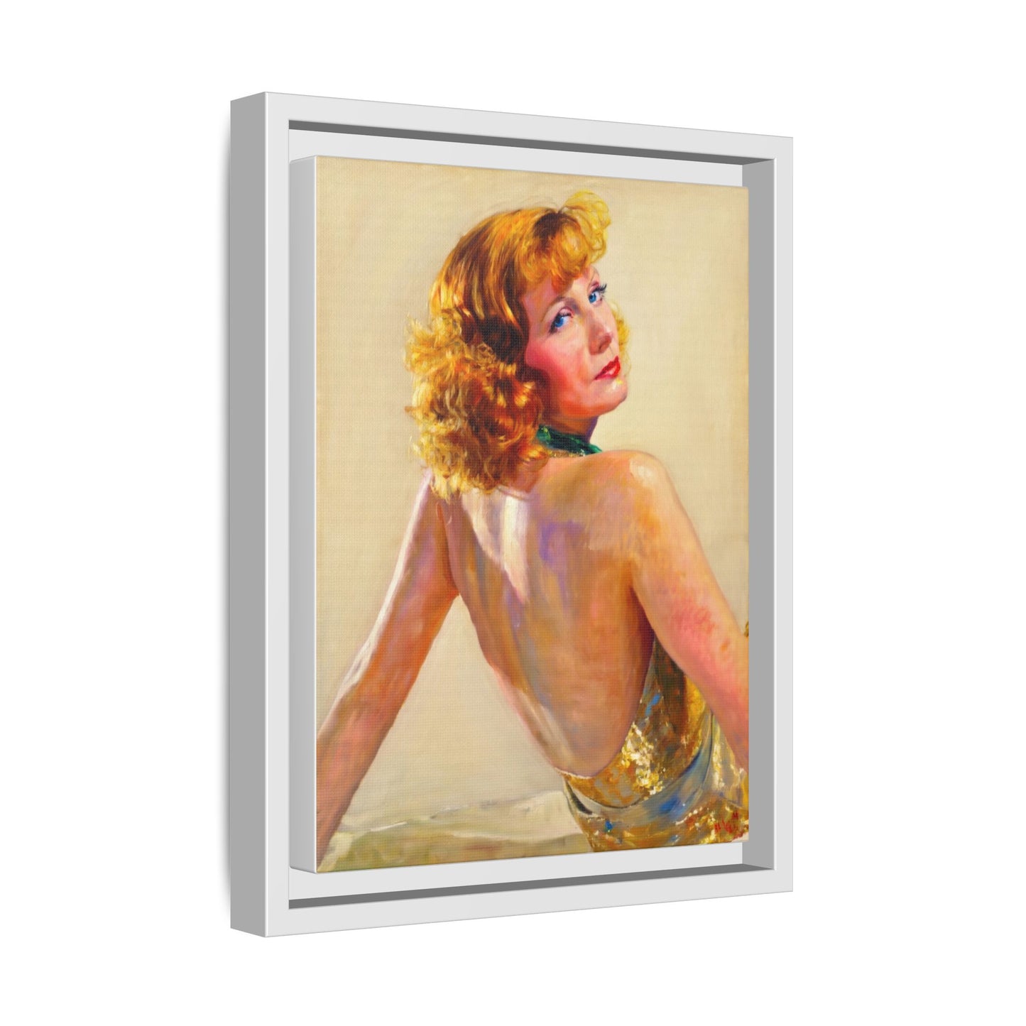 Framed Matte Canvas Print — Vintage Portrait of Redhead Greta Garbo in Gold Dress