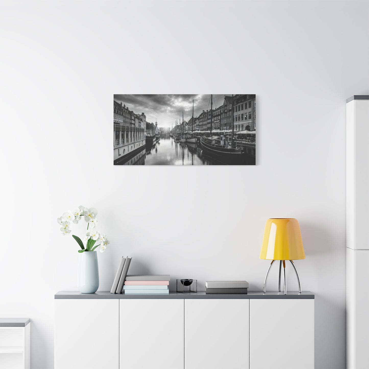 Black & White Harbor Canvas Print — Dramatic Copenhagen Cityscape Wall Art