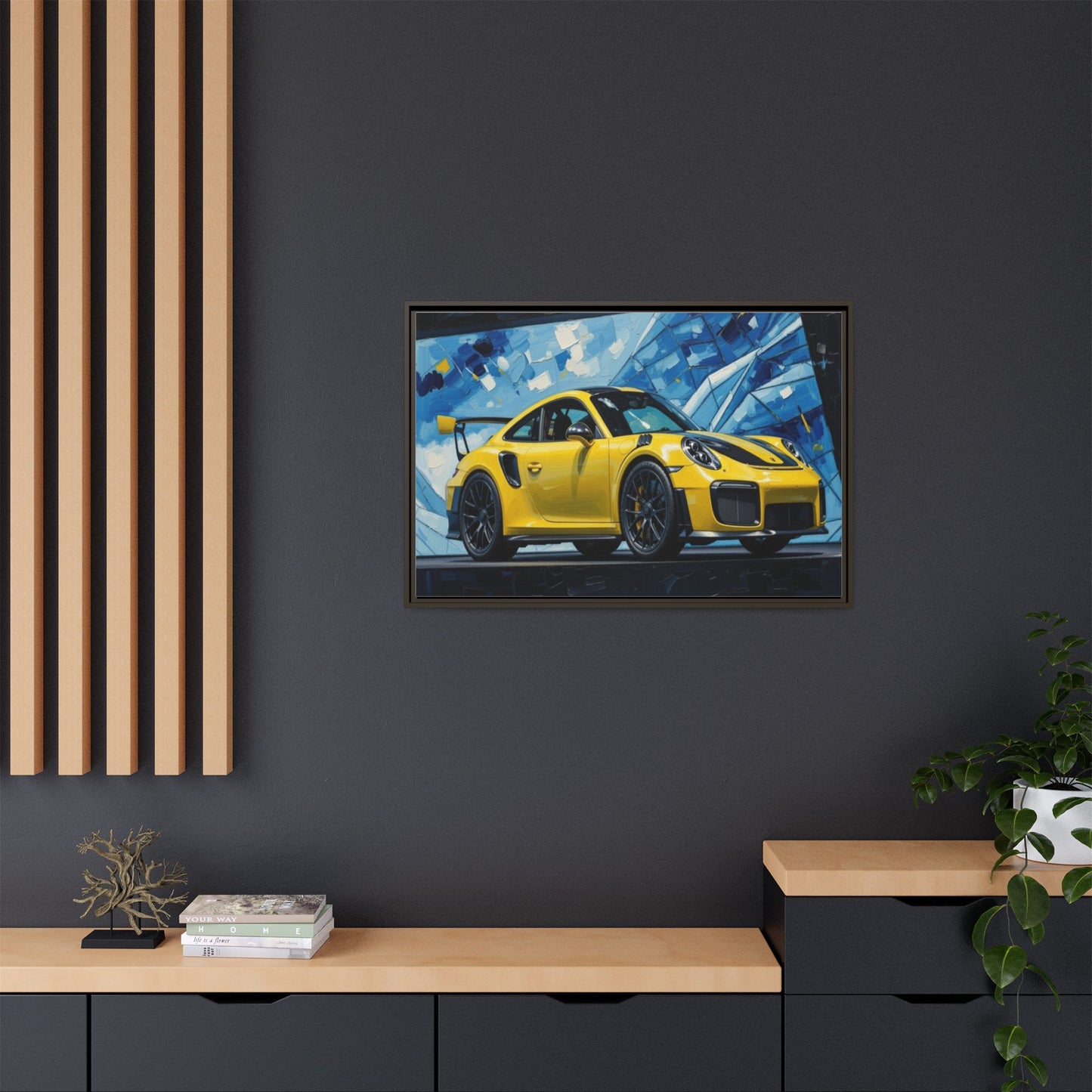 Yellow Porsche Sports Car Matte Framed Canvas – Modern Automotive Wall Art