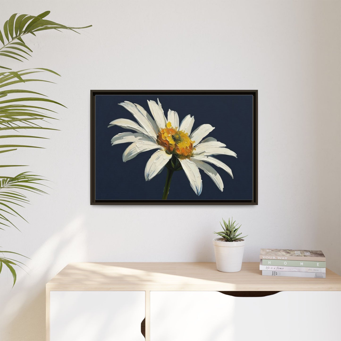 Framed Matte Canvas Daisy Wall Art — White Floral Painting on Navy