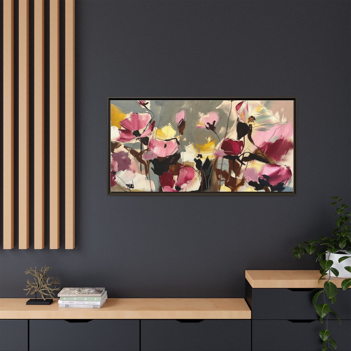 Framed Floral Canvas Wall Art — Abstract Pink & Yellow Flowers