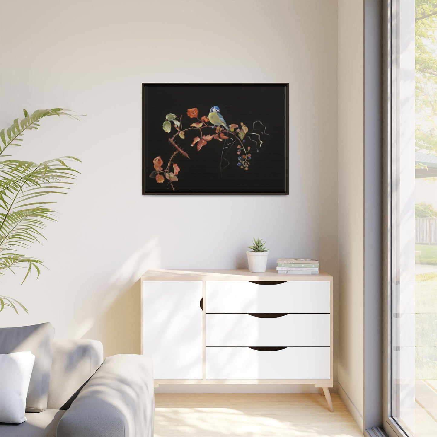 Framed Matte Canvas - Blue Tit on Autumn Branch Wall Art