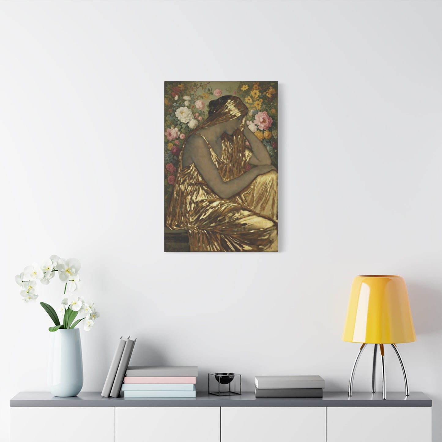 Golden Muse Canvas Print — Woman in Gold Floral Art (Stretched Matte)
