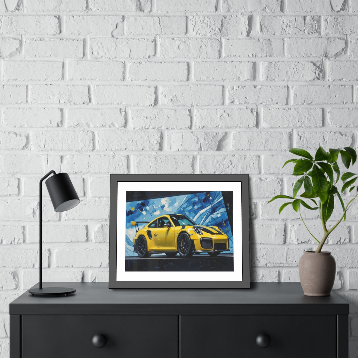 Framed Poster - Yellow Porsche Sports Car Art Print (Modern Automotive Wall Decor)