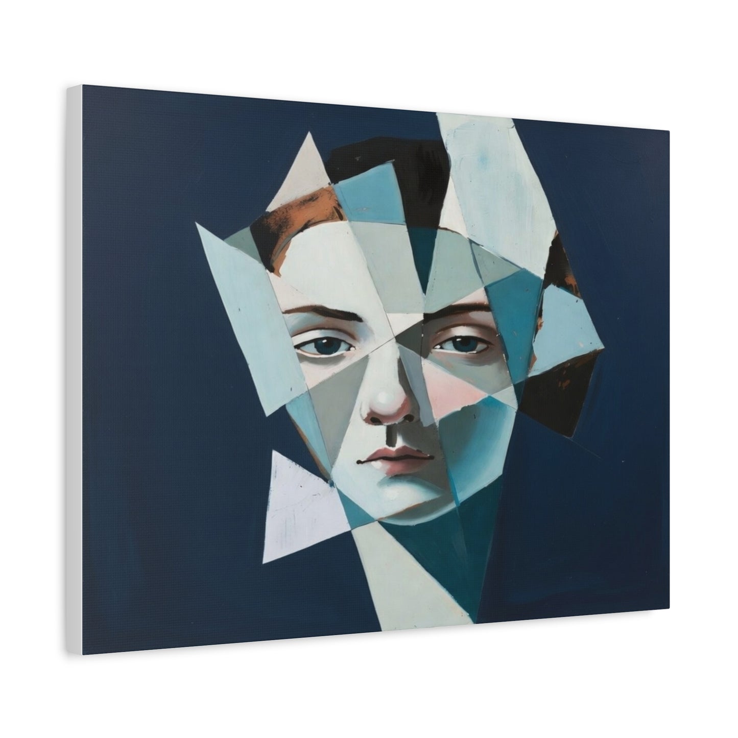 Fragmented Portrait Matte Canvas Art – Blue Abstract Face Wall Decor
