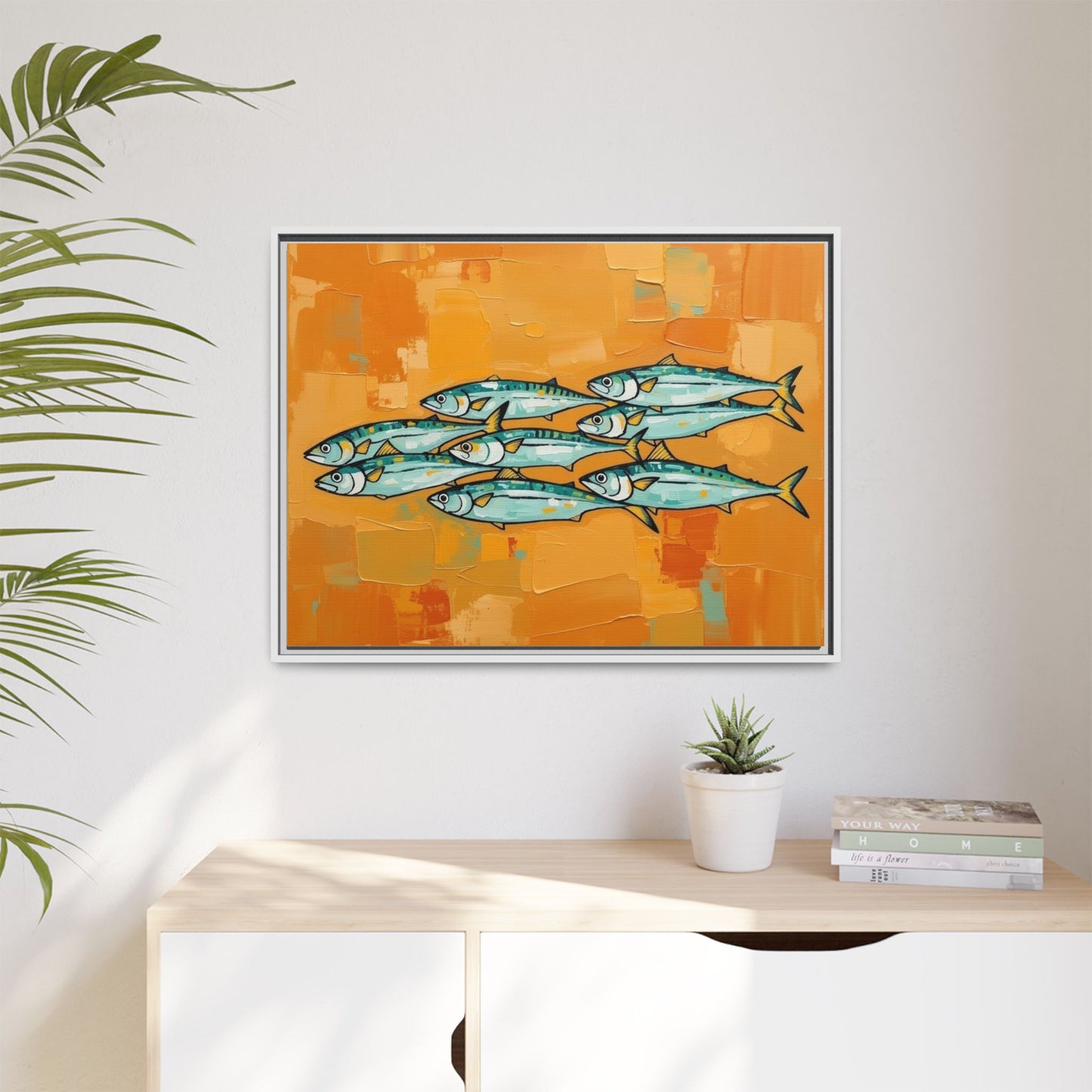 Framed Matte Canvas Print — School of Blue Fish on Orange Abstract Background